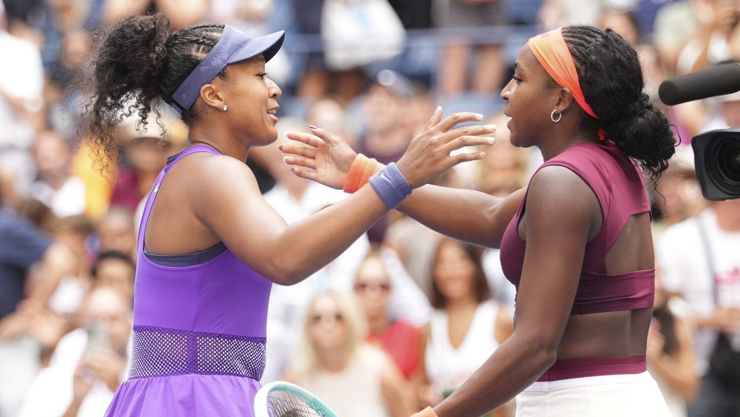 Coco Gauff (USA) (left) after beating Naomi Osaka (JPN) (right) on day nine of the 2025 U.S. Open tennis tournament at the USTA Billie Jean King National Tennis Center.