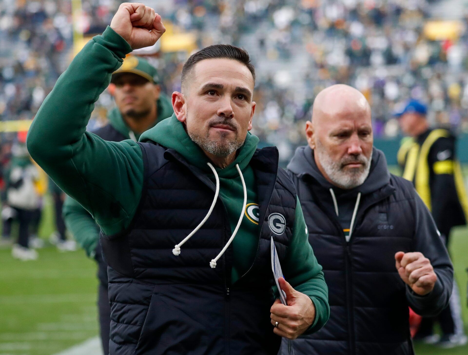 Green Bay Packers head coach Matt LaFleur pumps his fist as he runs off the field after defeating the Minnesota Vikings on Sunday, November 23, 2025, at Lambeau Field in Green Bay, Wis. The Packers won the game, 23-6.
Tork Mason/USA TODAY NETWORK-Wisconsin
