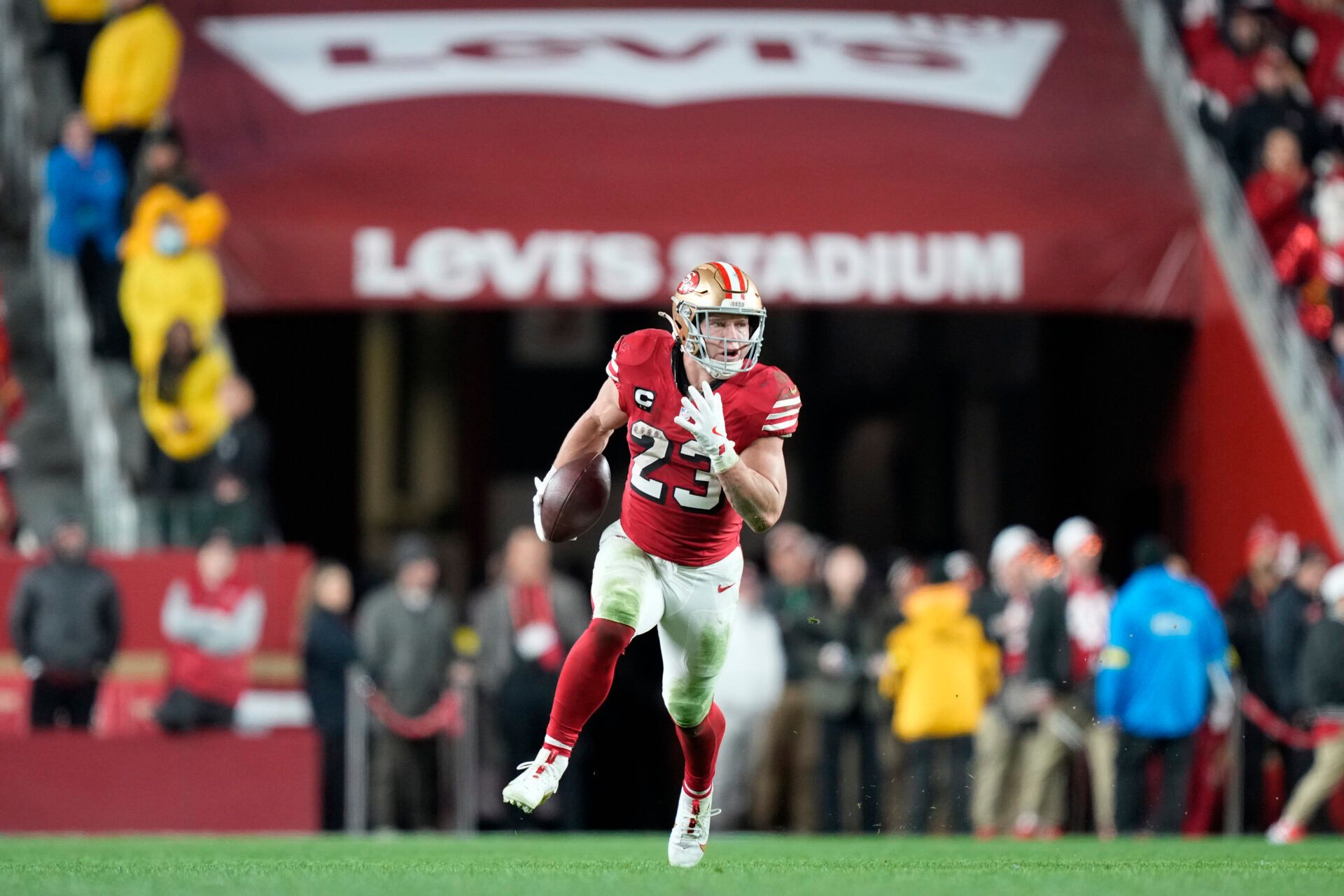 San Francisco 49ers running back Christian McCaffrey (23) runs against the Chicago Bears in the second half at Levi's Stadium.