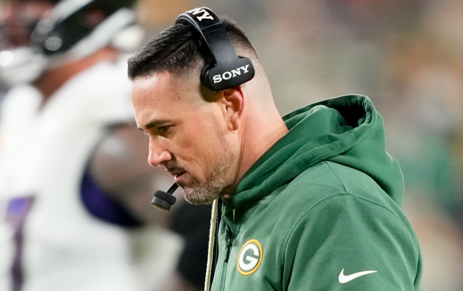 Green Bay Packers head coach Matt Lafleur is seen during the second quarter against the Baltimore Ravens at Lambeau Field.