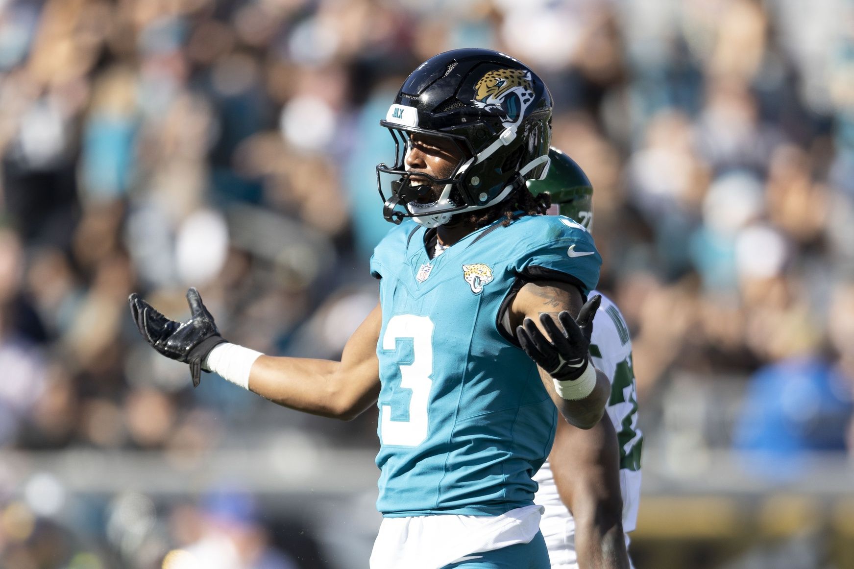 Jacksonville Jaguars wide receiver Jakobi Meyers (3) reacts during the first quarter against the New York Jets at EverBank Stadium.