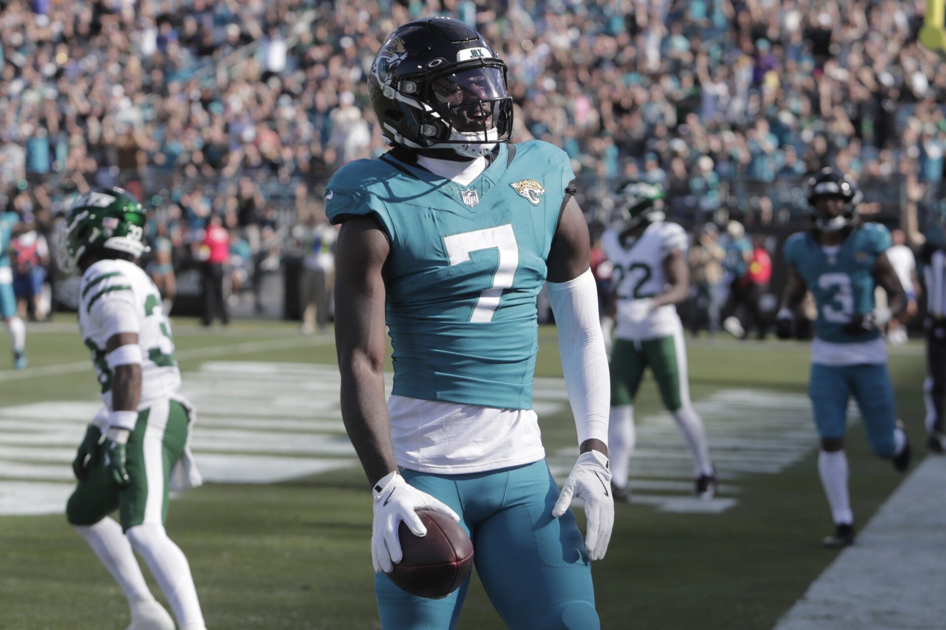 Jacksonville Jaguars wide receiver Brian Thomas Jr. (7) reacts after scoring a touchdown in the first quarter against the New York Jets at EverBank Stadium.