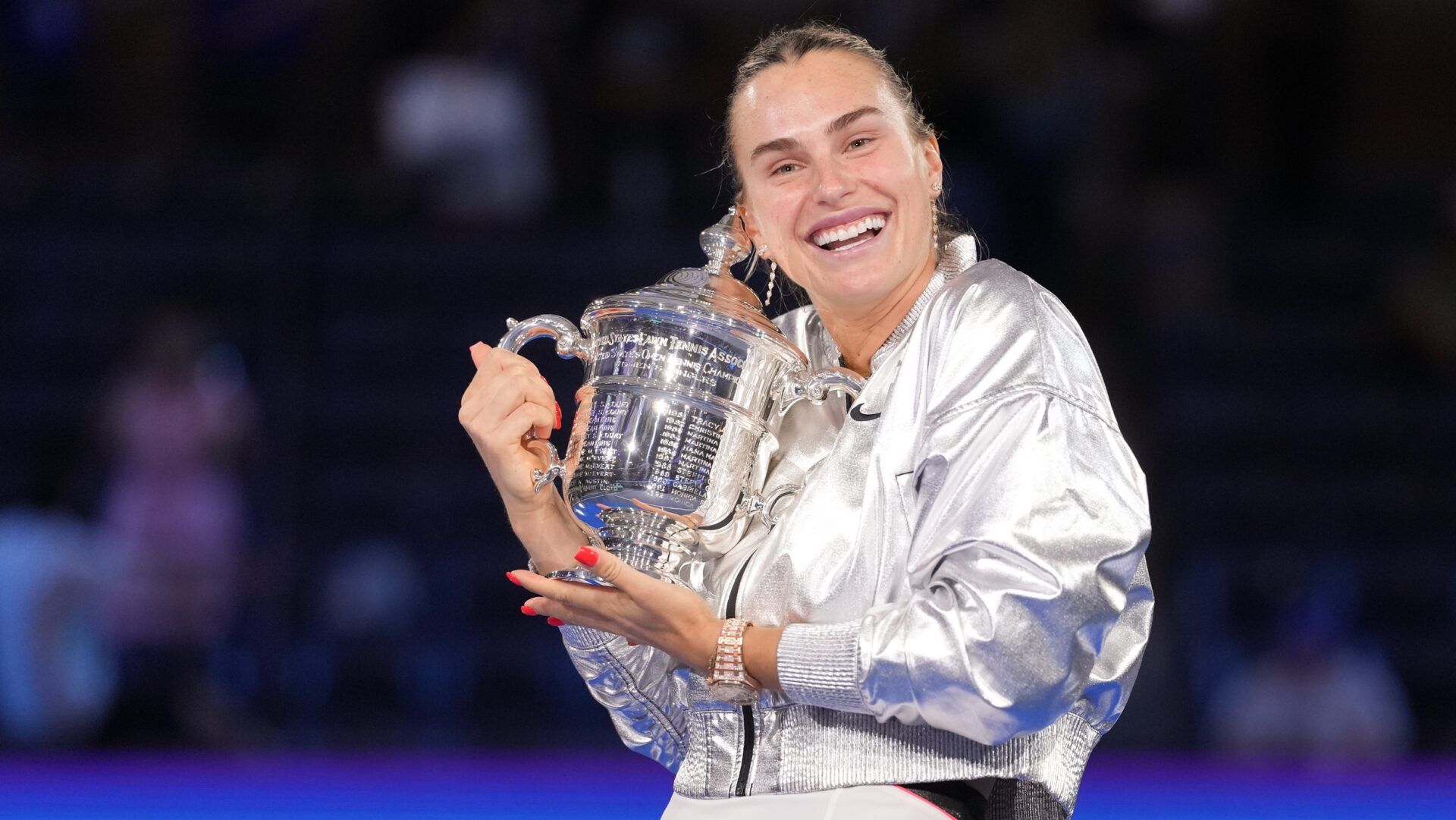 Aryna Sabalenka celebrates with the championship trophy after defeating Amanda Anisimova (USA) (not pictured) the women's singles final of the 2025 US Open tennis championships at Billie Jean King National Tennis Center.