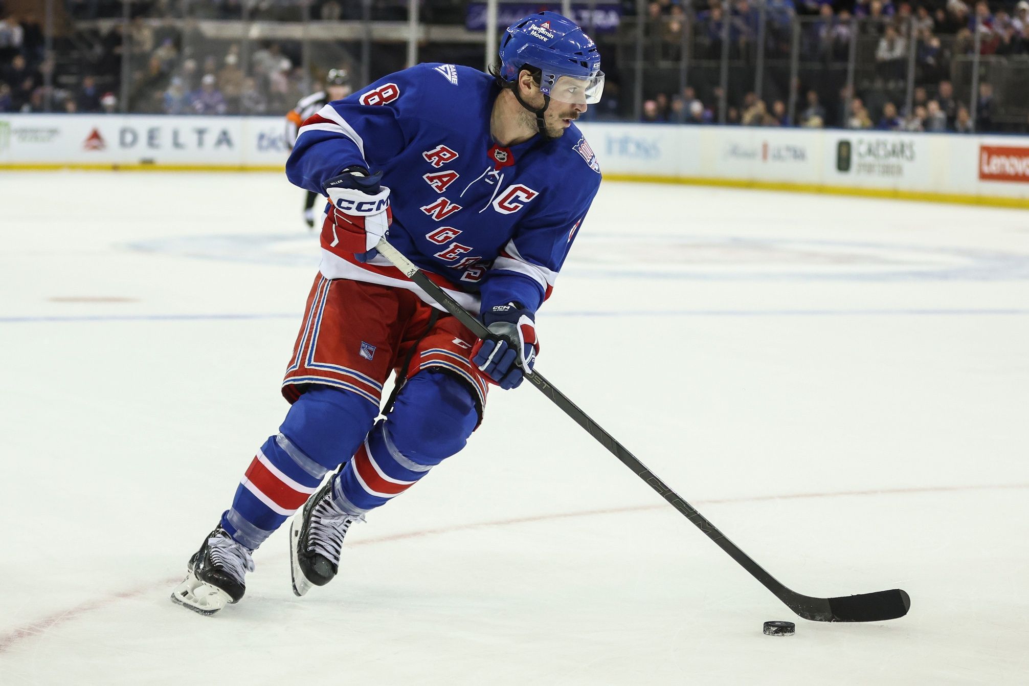 New York Rangers center J.T. Miller (8) controls the puck in overtime against the Colorado Avalanche at Madison Square Garden.
