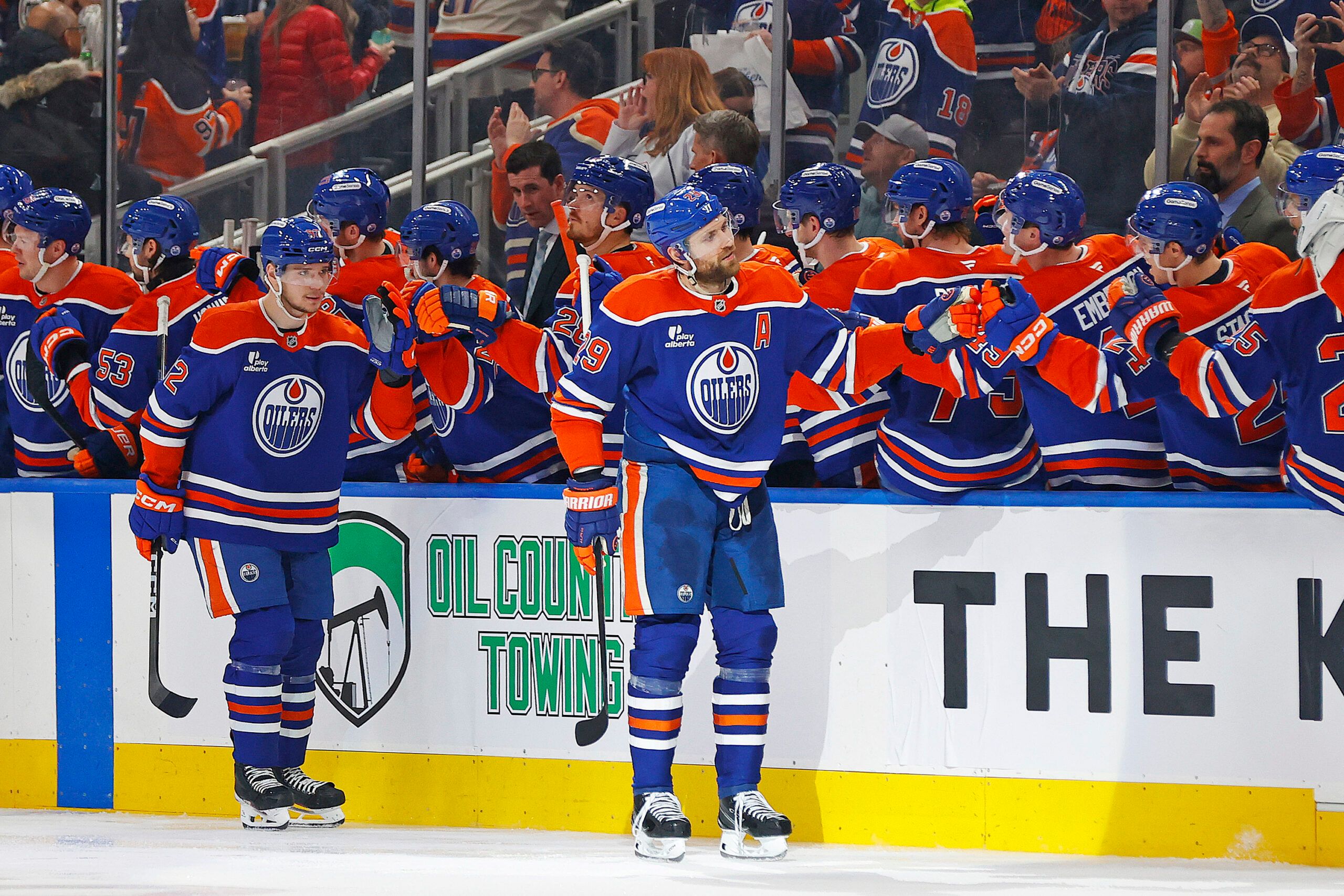 The Edmonton Oilers celebrate a goal scored by forward Leon Draisaitl (29) during the second period against the Los Angelos Kings at Rogers Place.