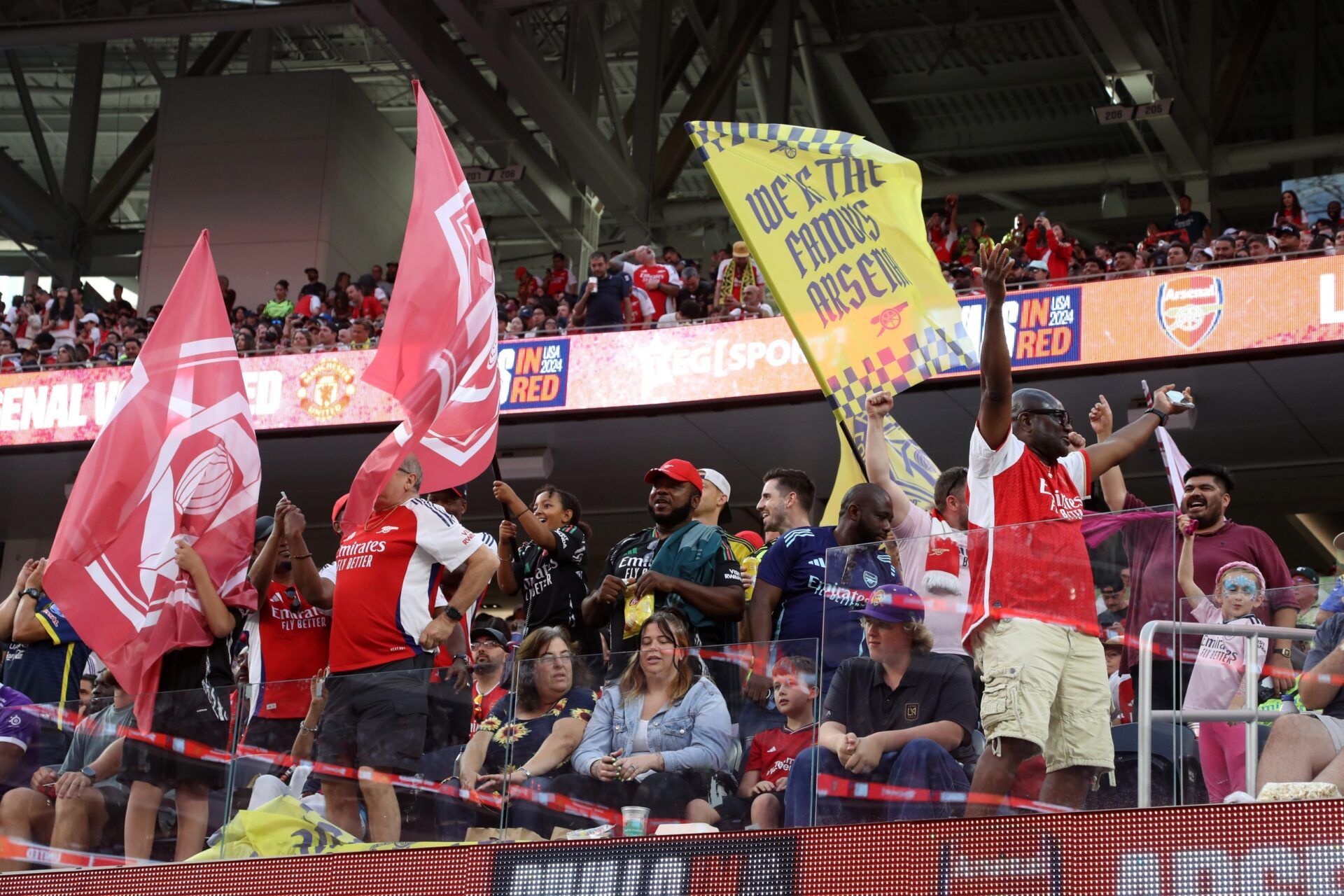 Arsenal fans show their support during Pre-Season Friendly match against Manchester United at SoFi Stadium.