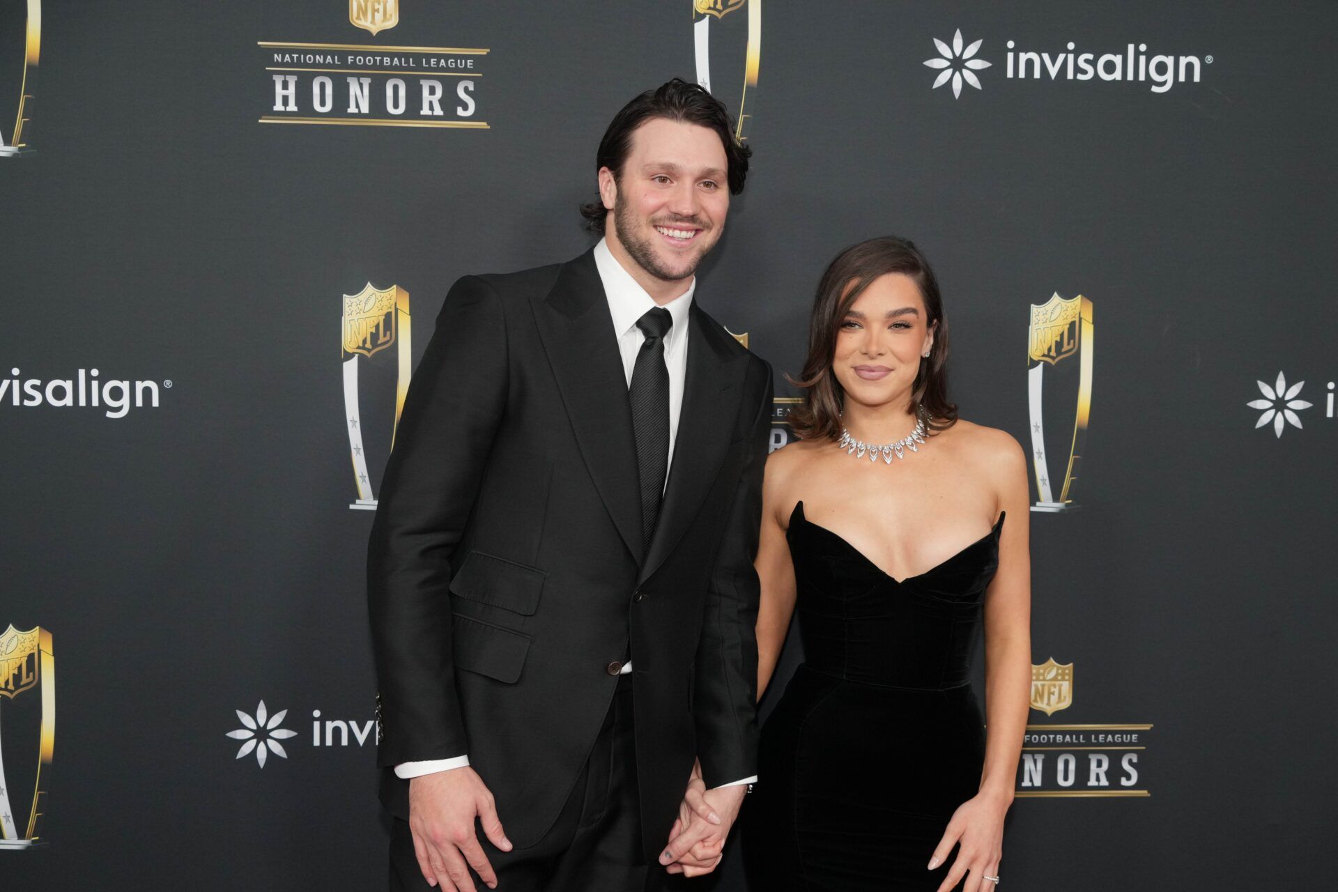 Josh Allen and Hailee Steinfeld on the red carpet before Super Bowl LIX NFL Honors at Saenger Theatre.