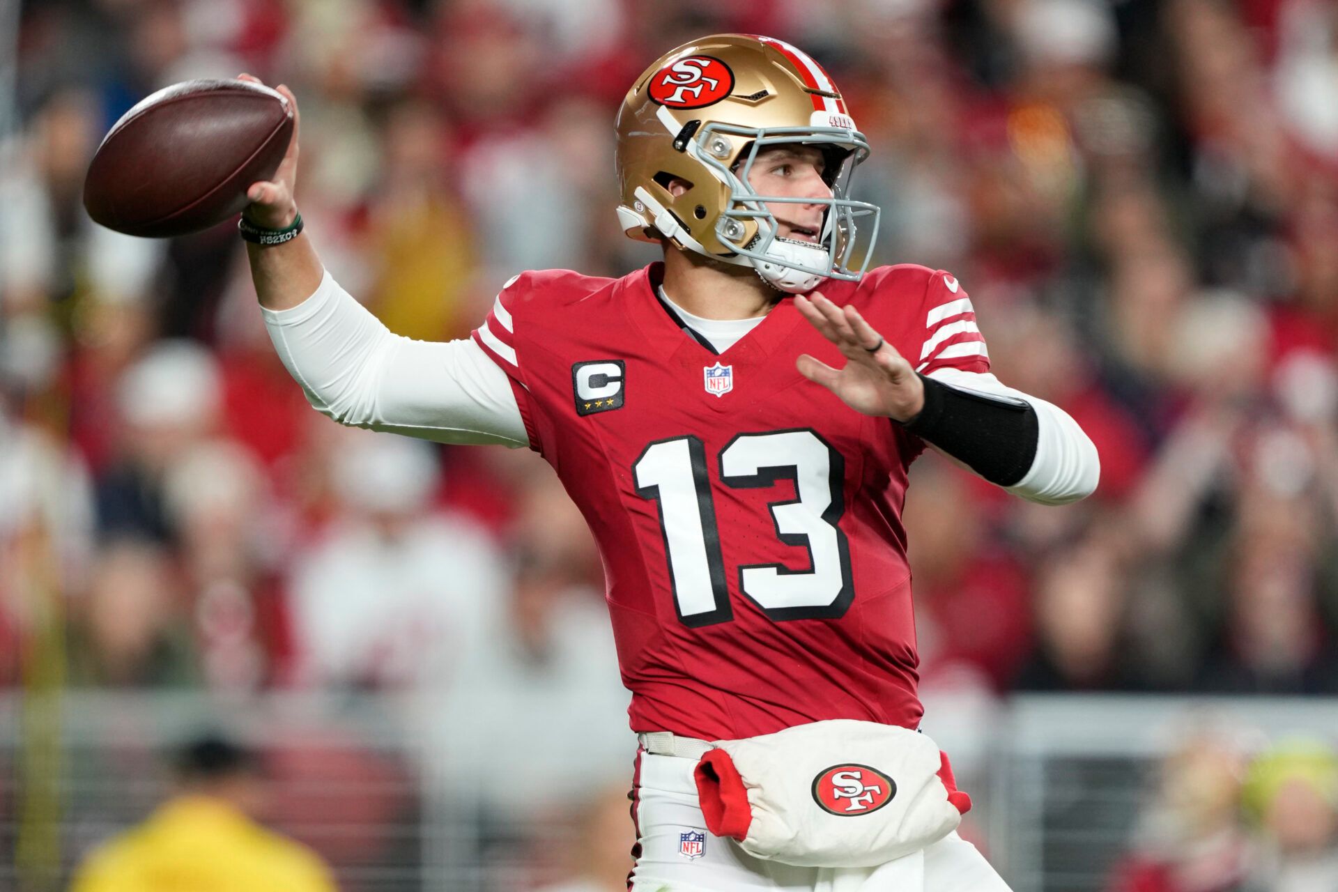 San Francisco 49ers quarterback Brock Purdy (13) passes against the Chicago Bears in the first half at Levi's Stadium.