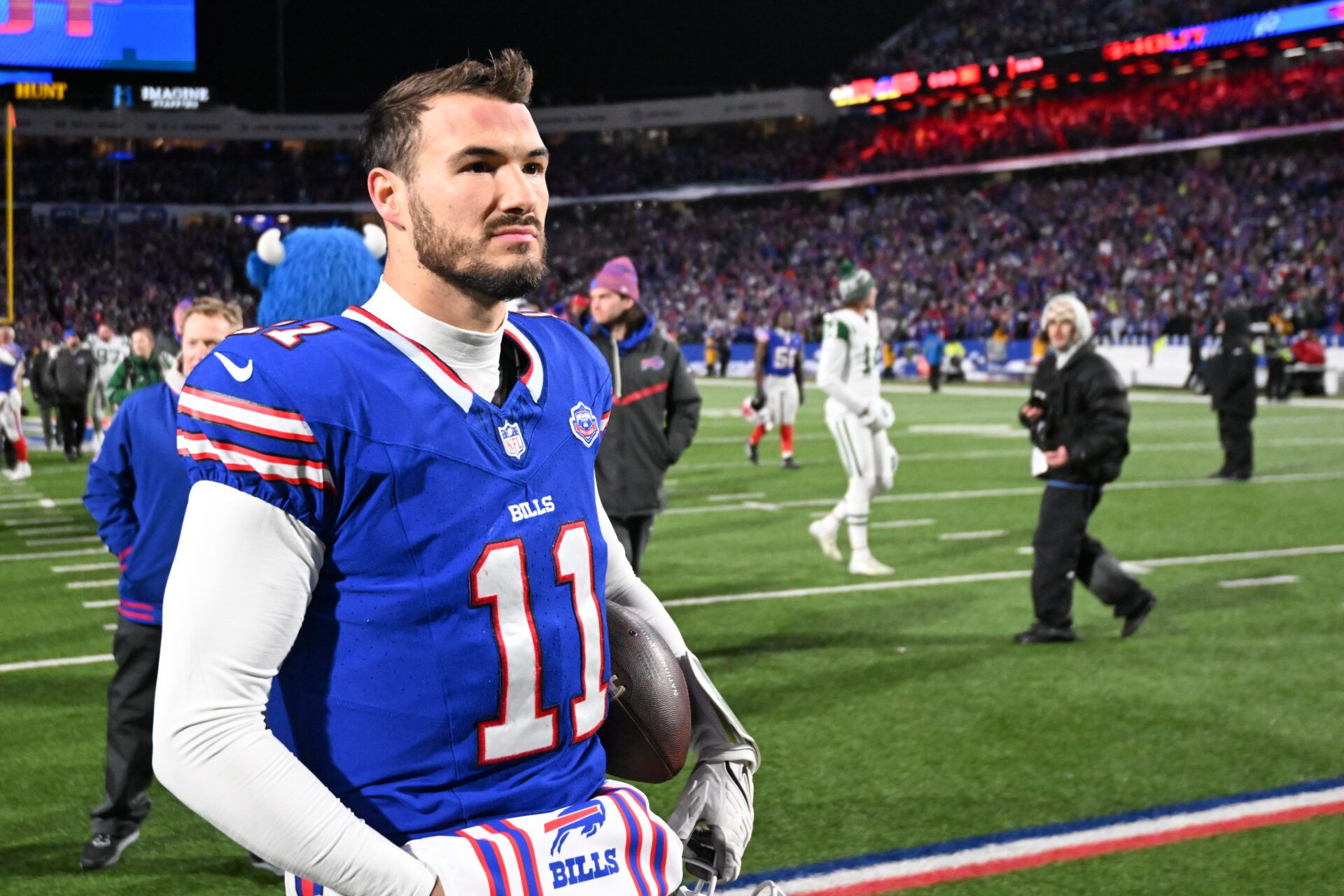 Buffalo Bills quarterback Mitchell Trubisky (11) looks on after the game against the New York Jets at Highmark Stadium.