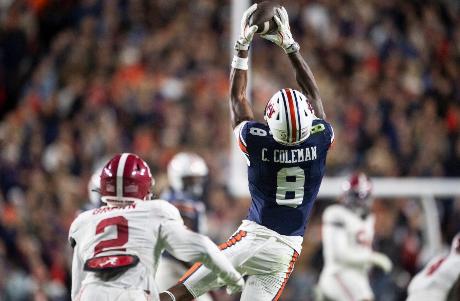 Auburn Tigers wide receiver Cam Coleman (8) catches a pass as Auburn Tigers take on Alabama Crimson Tide in the Iron Bowl at Jordan-Hare Stadium in Auburn, Ala. on Saturday, Nov. 29, 2025. Alabama Crimson Tide defeated Auburn Tigers 27-20.