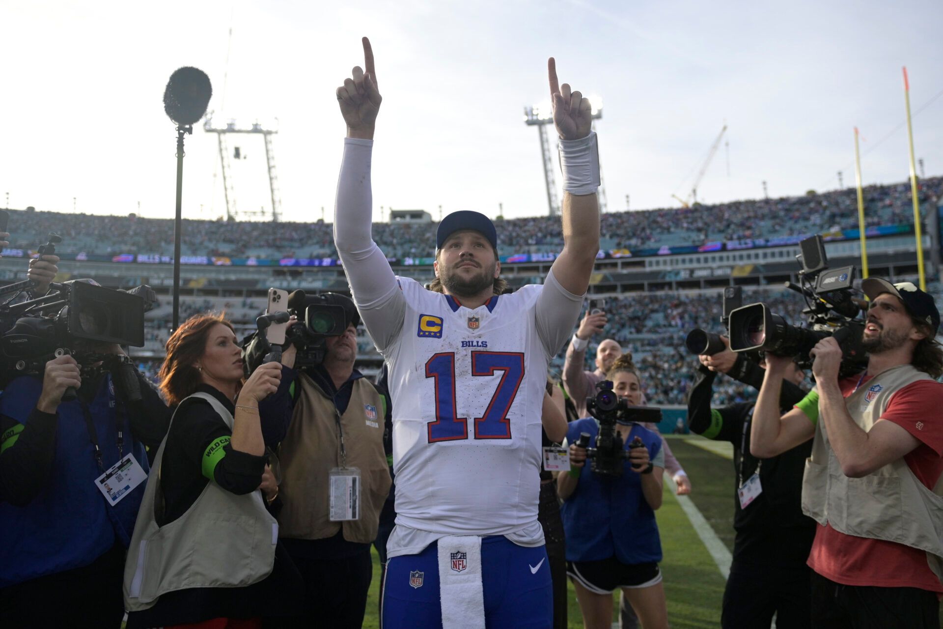 Buffalo Bills quarterback Josh Allen (17) after an AFC Wild Card Round game against the Jacksonville Jaguars at EverBank Stadium.