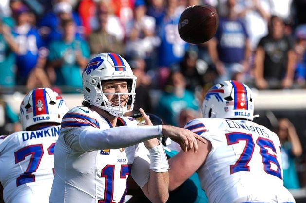 Buffalo Bills quarterback Josh Allen (17) passes during the thrid quarter in an NFL football AFC Wild Card playoff matchup, Sunday, Jan. 11, 2026, in Jacksonville, Fla. Bills lead 10-7 at the half over the Jaguars. The Bills defeated the Jaguars 27-24. [Doug Engle/Florida Times-Union]
