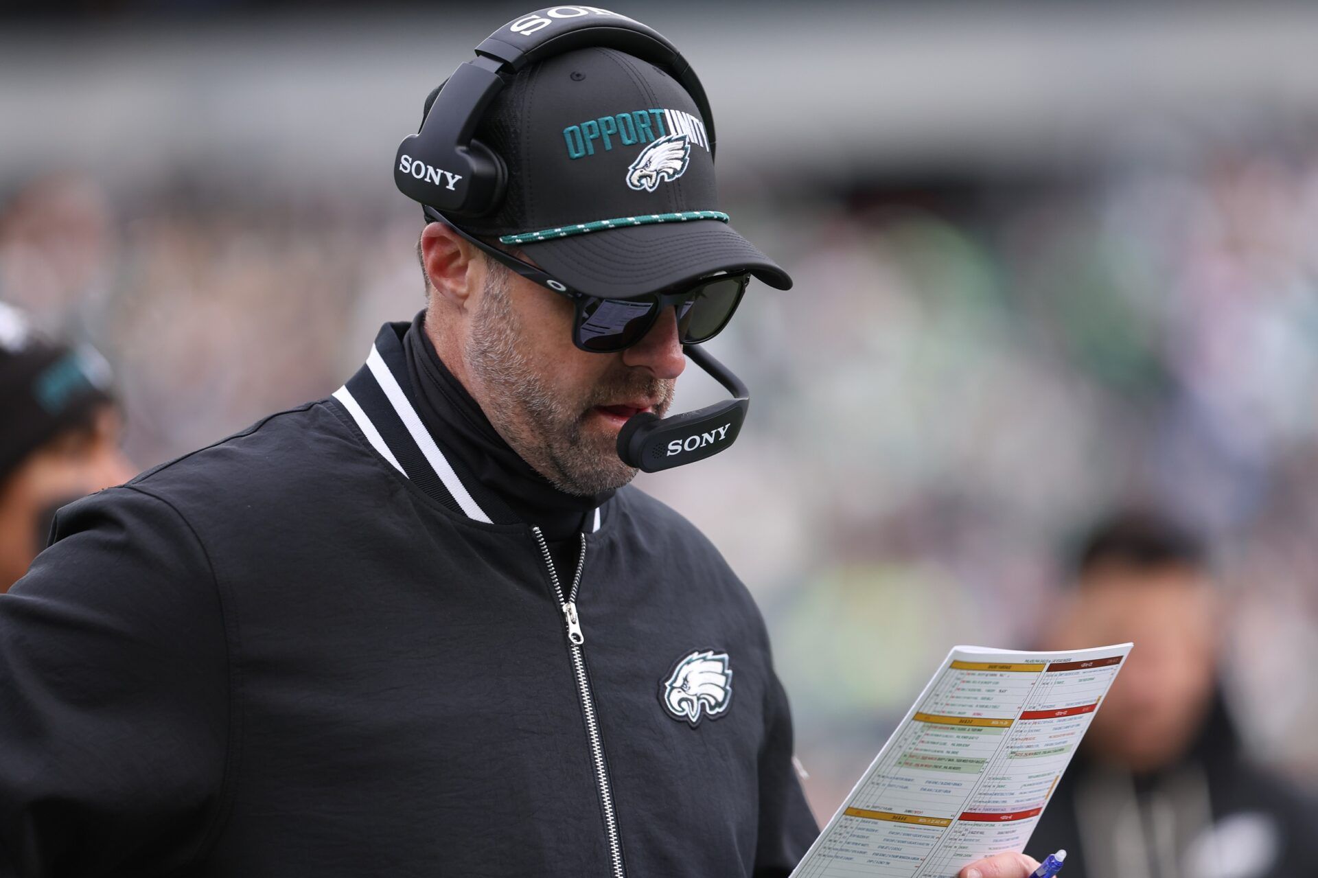 Philadelphia Eagles offensive coordinator Kevin Patullo during the first quarter against the Las Vegas Raiders at Lincoln Financial Field.