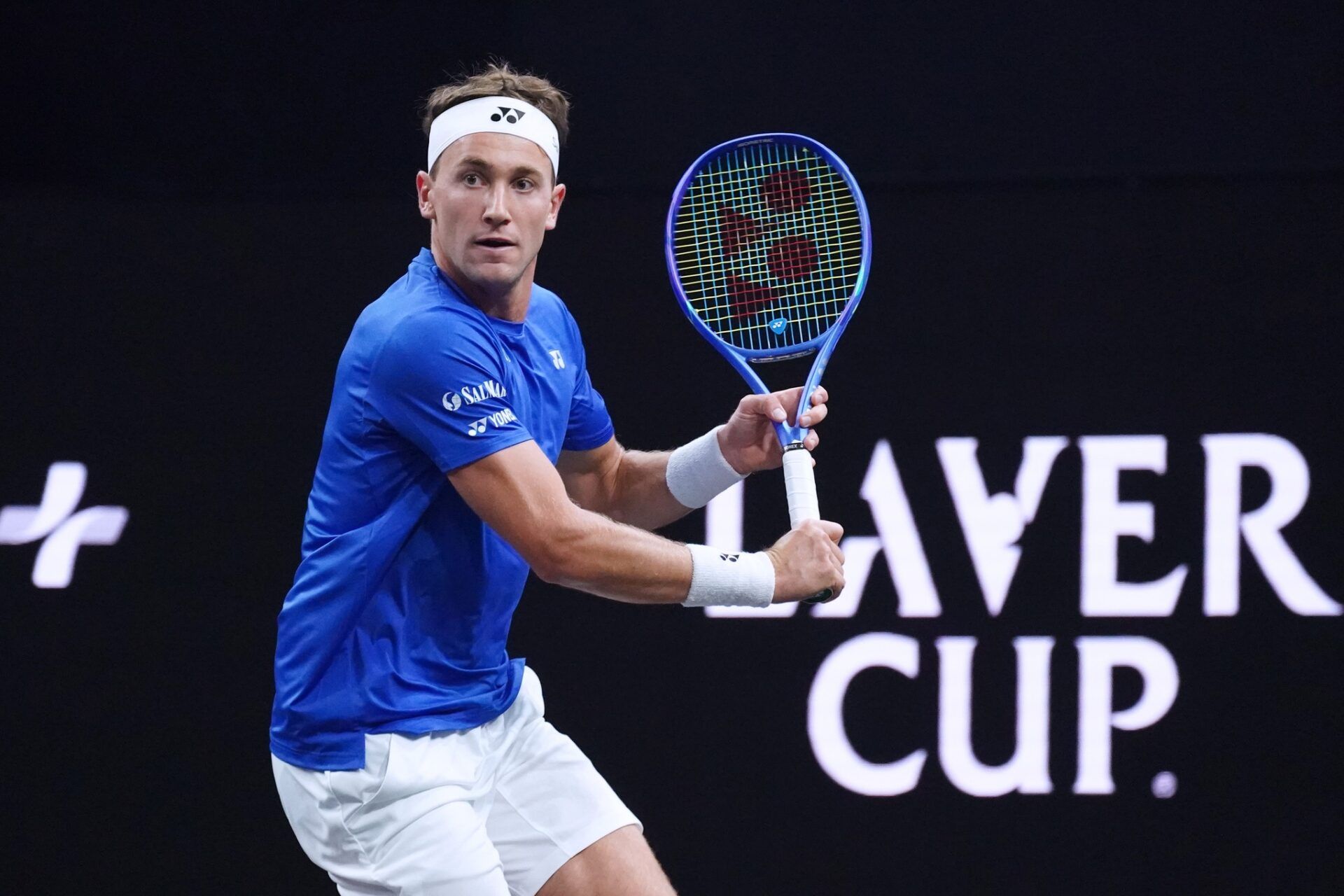 Team Europe player Casper Ruud prepares to return a ball against Team World player Reilly Opelka at the Laver Cup at Chase Center.
