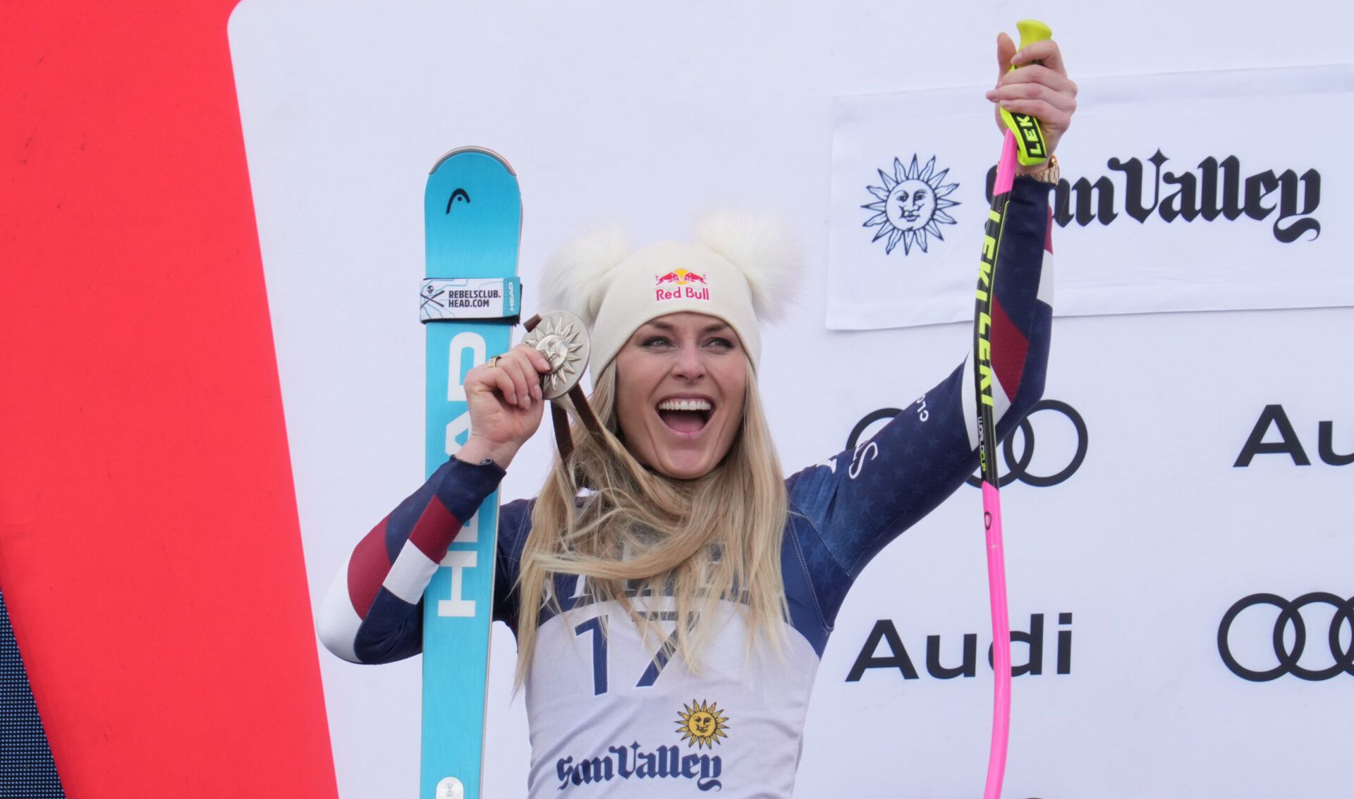 Lindsey Vonn of the United States celebrates on the podium after placing second in the Super G alpine skiing race in the 2025 FIS Ski World Cup at Sun Valley.