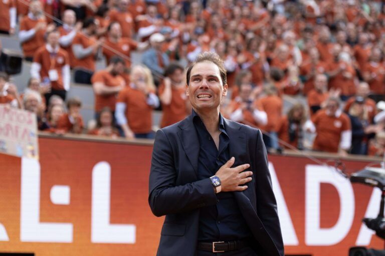 Rafael Nadal of Spain does a final walk around the court during the presentation ceremony paying tribute to his career on a packed Court Philippe Chatrier Courtday on day one at Roland Garros Stadium.