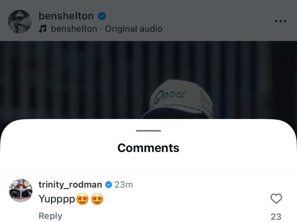Trinity Rodman's comment on Ben Shelton's Instagram post