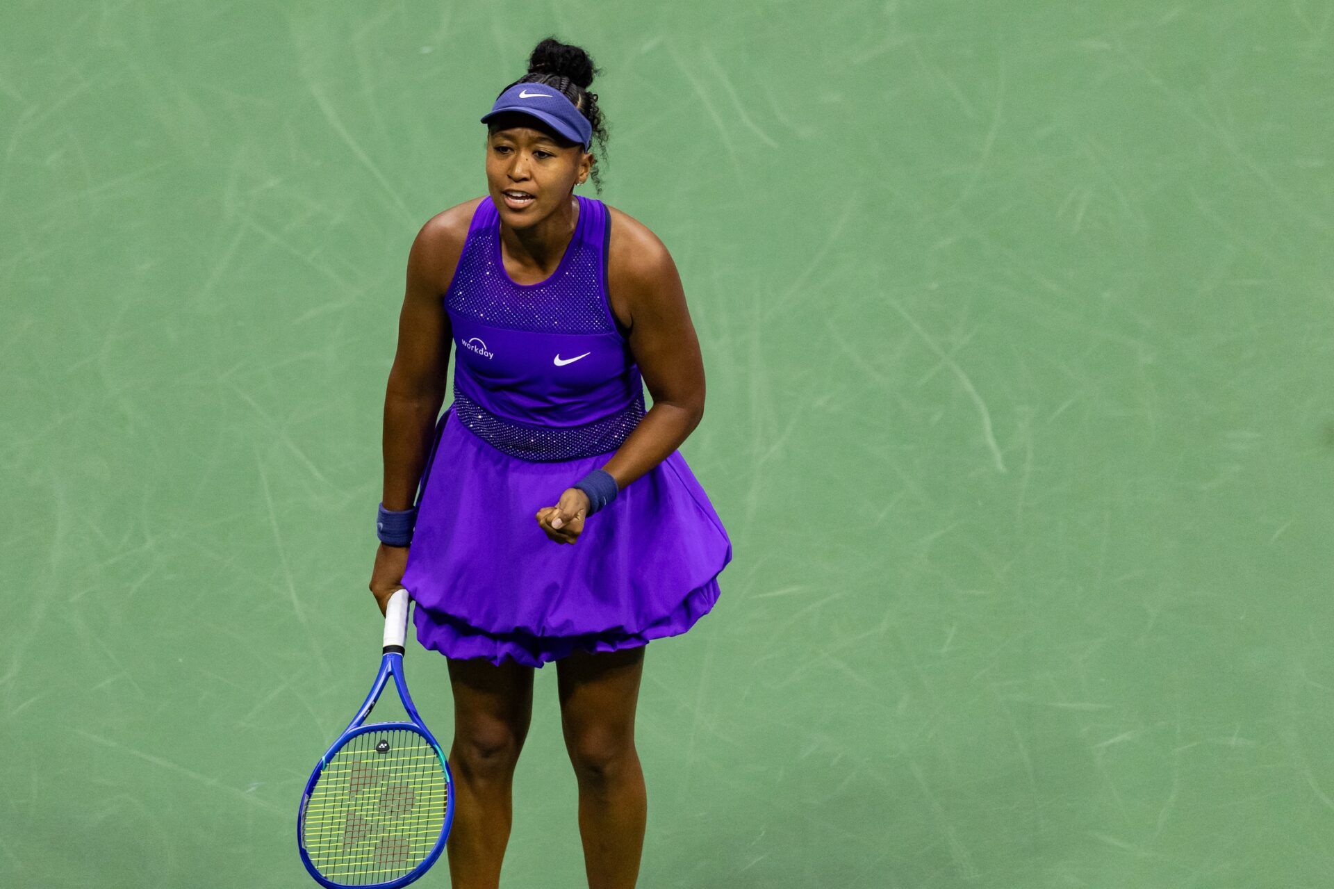Naomi Osaka of Japan in action against Amanda Anisimova of the United States in the semifinal of the women’s singles at the US Open at Arthur Ashe Stadium in Billie Jean King National Tennis Center.