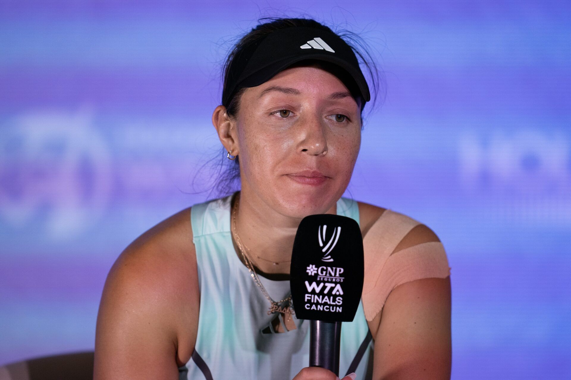 Jessica Pegula (USA) in her press conference after winning her match against Elena Rybakina (KAZ) on day one of the GNP Saguaros WTA Finals Cancun.