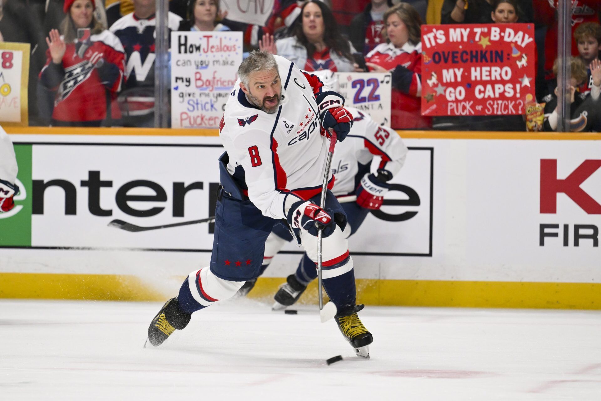 Washington Capitals left wing Alex Ovechkin (8) takes a shot on goal warms up before a game against the Nashville Predators  at Bridgestone Arena.