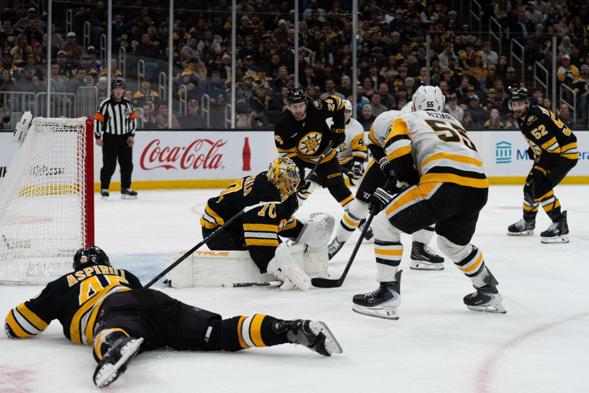 Boston Bruins goaltender Joonas Korpisalo (70) makes a save during the second period of the game against the Pittsburgh Penguins at TD Garden.