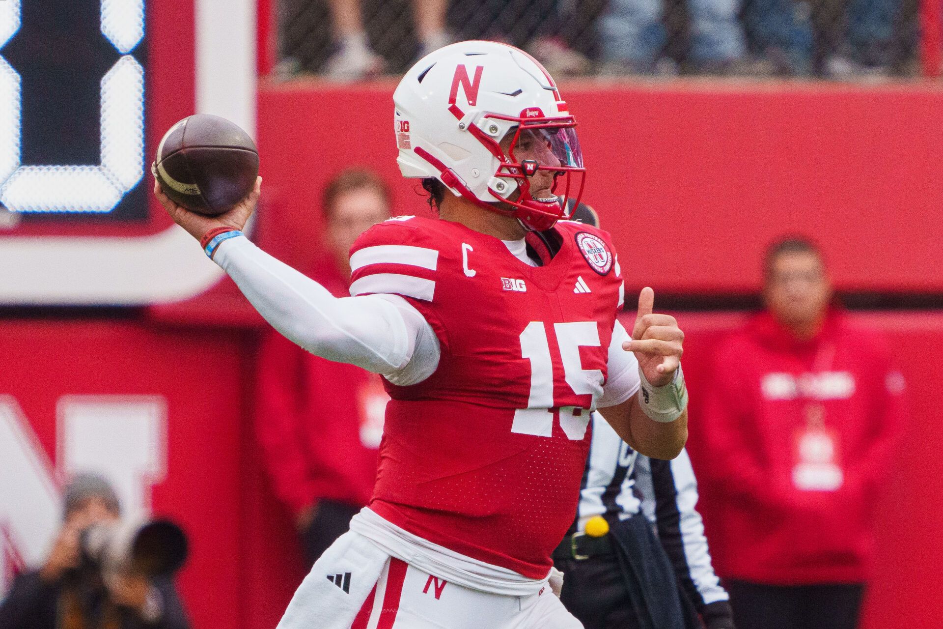 Nebraska Cornhuskers quarterback Dylan Raiola (15) throws a pass against the Northwestern Wildcats during the first quarter at Memorial Stadium.