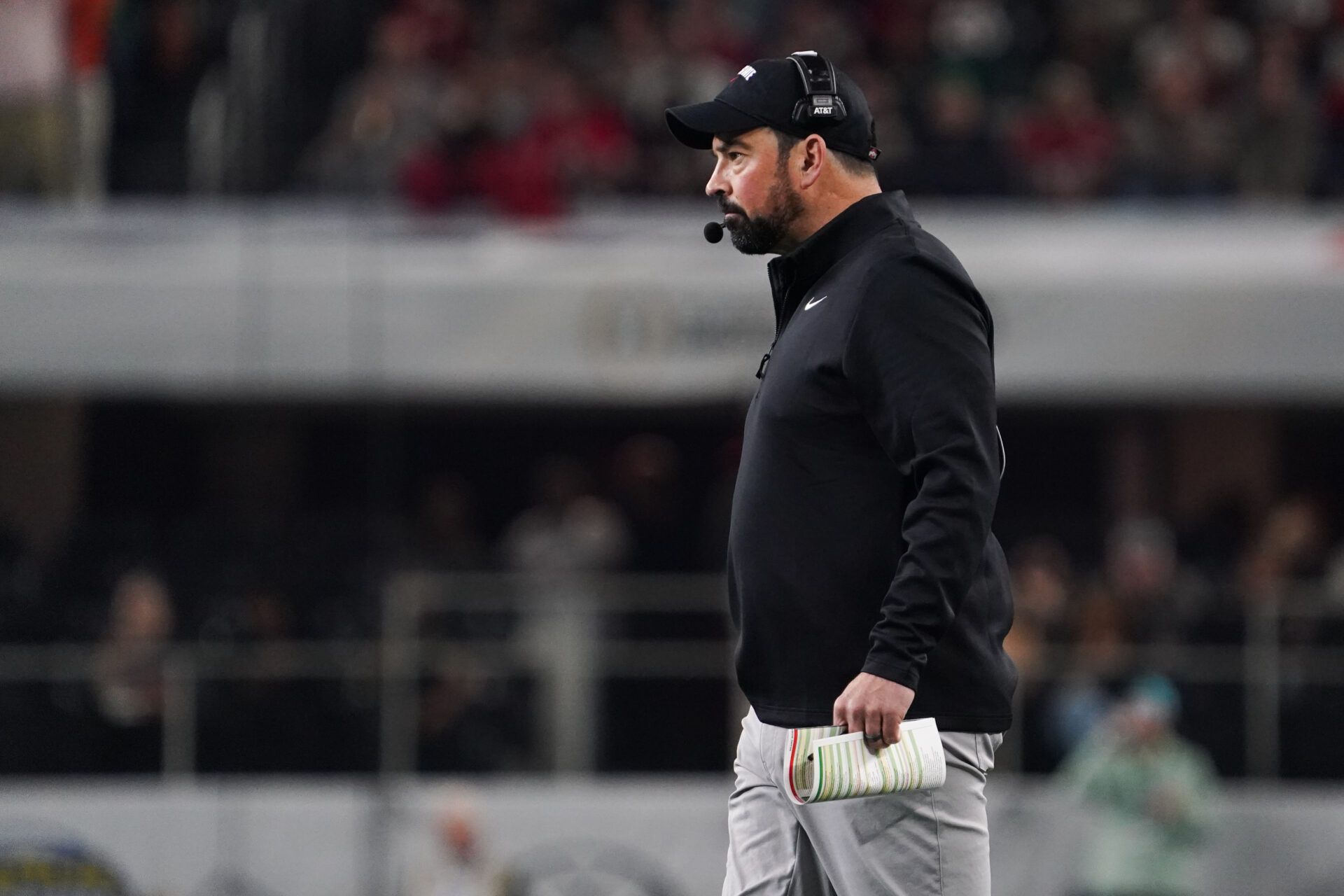 Ohio State Buckeyes head coach Ryan Day looks on during the first quarter against the Miami Hurricanes during the 2025 Cotton Bowl and quarterfinal game of the College Football Playoff at AT&T Stadium.