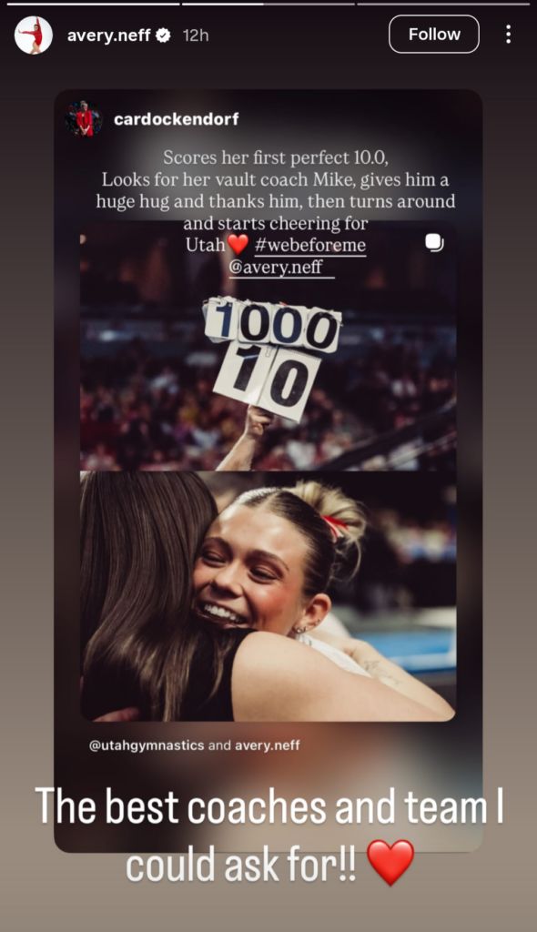 Utah Red Rocks star gymnast Avery Neff expressed her gratitude for her teammates and coaches after her incredible perfect 10 (Credit: Neff's Instagram)