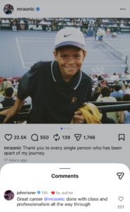 John Isner's comment on Raonic's Instagram post