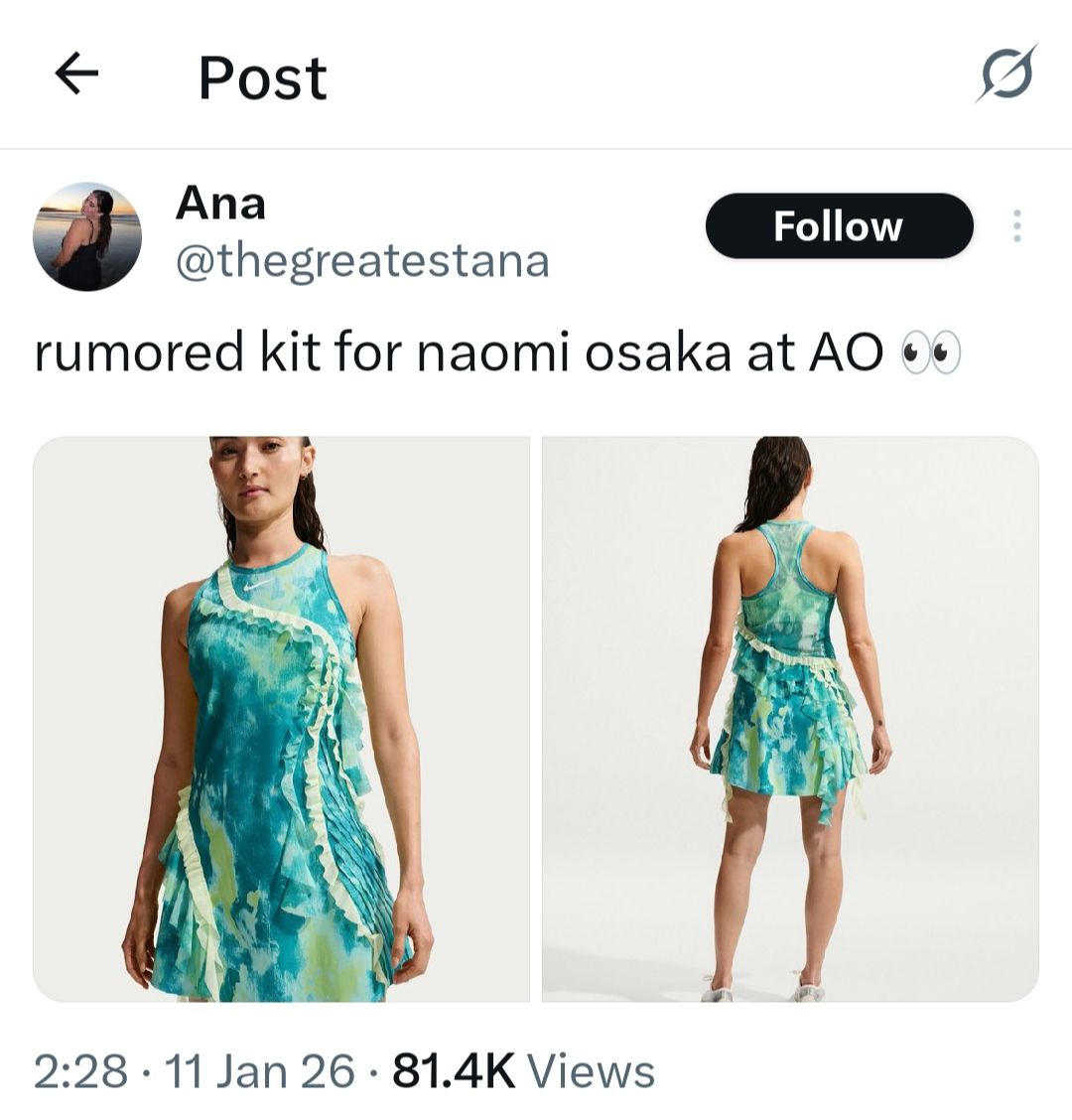 Screen grab of Naomi Osaka's rumored 2026 Australian Open kit