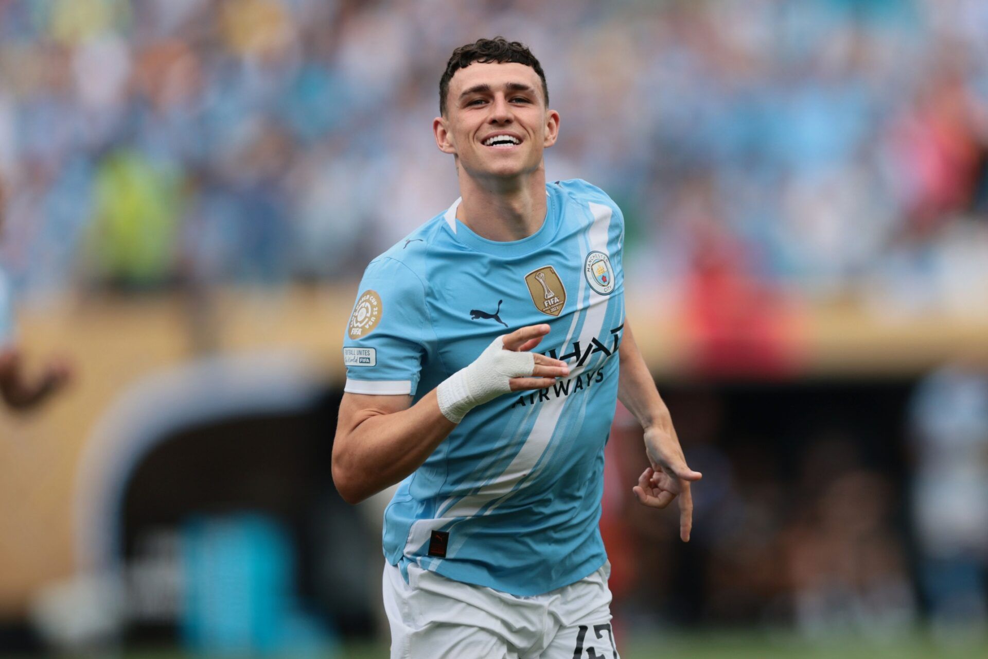 Manchester City midfielder Phil Foden (47) celebrates after scoring a goal against Wydad AC in the first half during a group stage match of the 2025 FIFA Club World Cup at Lincoln Financial Field.