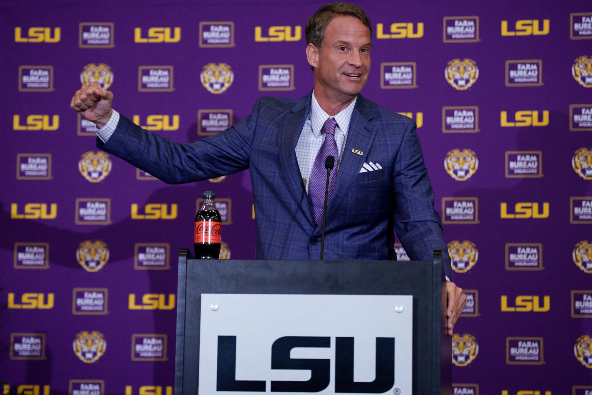 LSU new head coach Lane Kiffin speaks at South Stadium Club at Tiger Stadium.