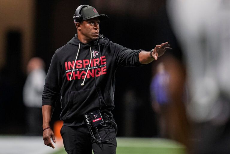 Atlanta Falcons head coach Raheem Morris on the sideline during the game against the New Orleans Saints during the second half at Mercedes-Benz Stadium.