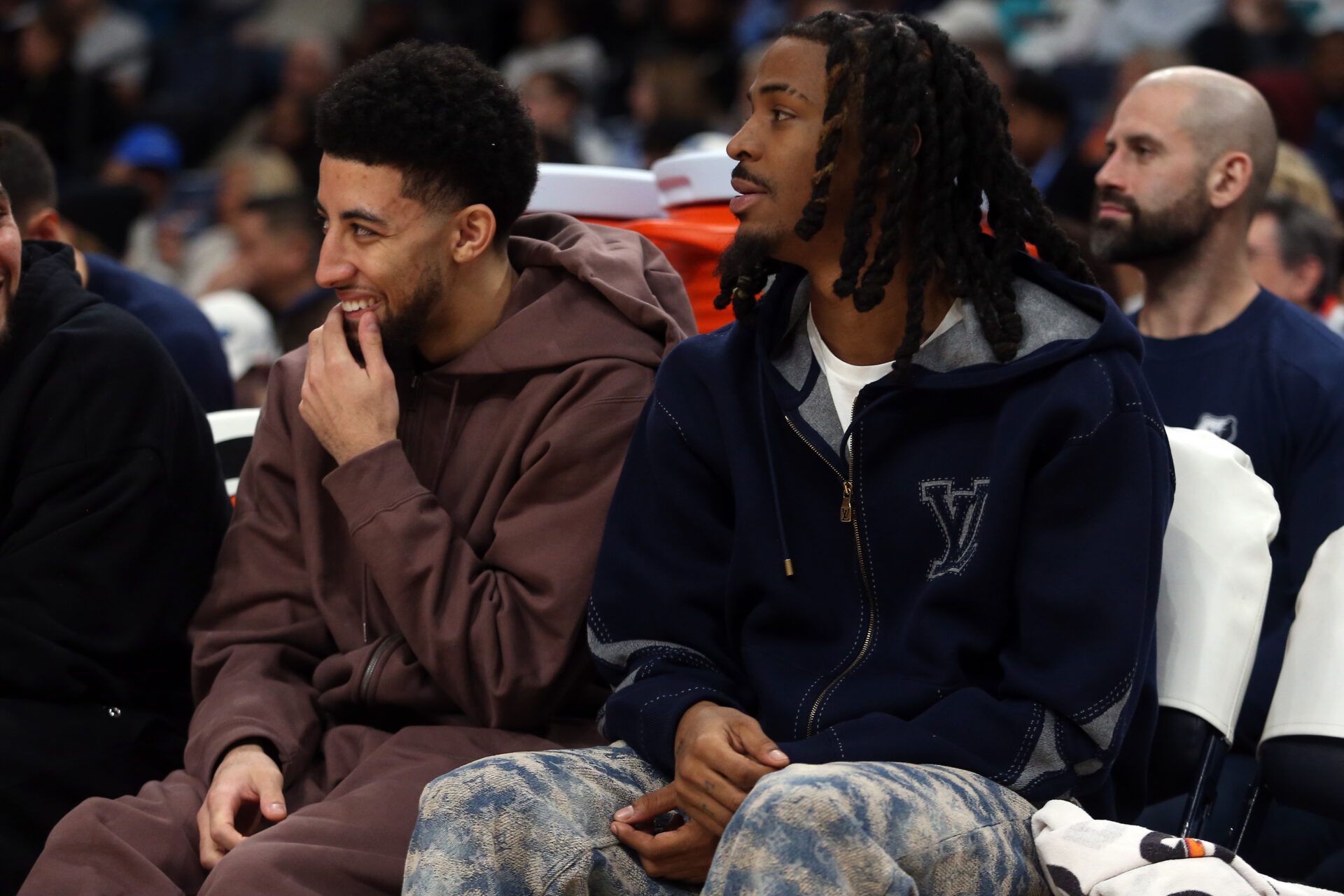 Memphis Grizzlies guard Scotty Pippen Jr. (left) and guard Ja Morant (right) looks on during the second quarter against the Brooklyn Nets at FedExForum.