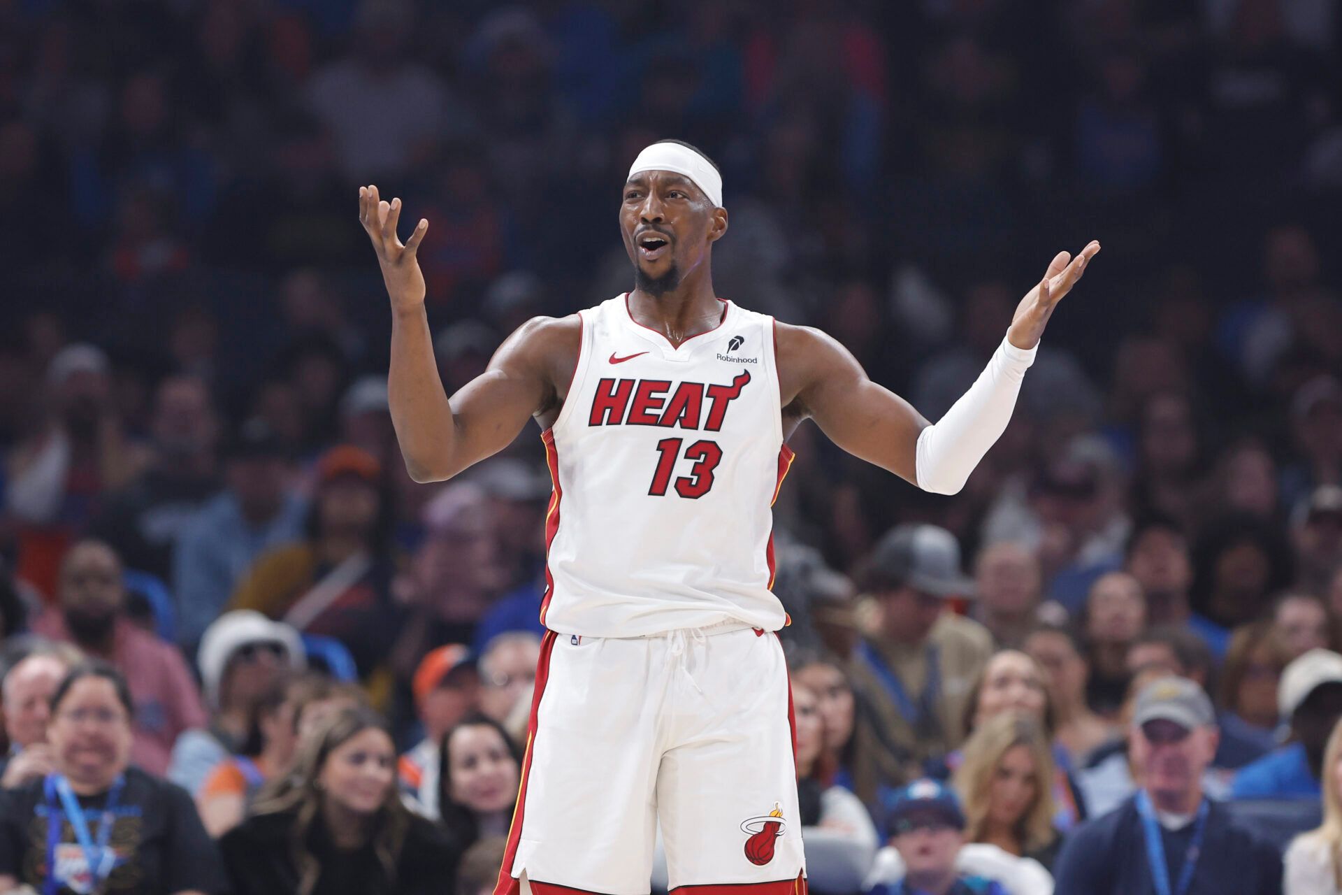 Miami Heat center/forward Bam Adebayo (13) reacts after a call on him during a play against the Oklahoma City Thunder during the first quarter at Paycom Center.