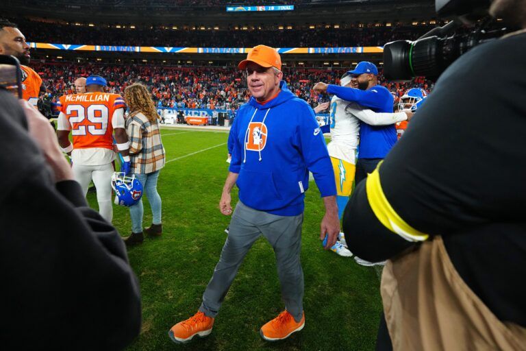 Denver Broncos head coach Sean Payton looks on after winning the game against the Los Angeles Chargers at Empower Field at Mile High.