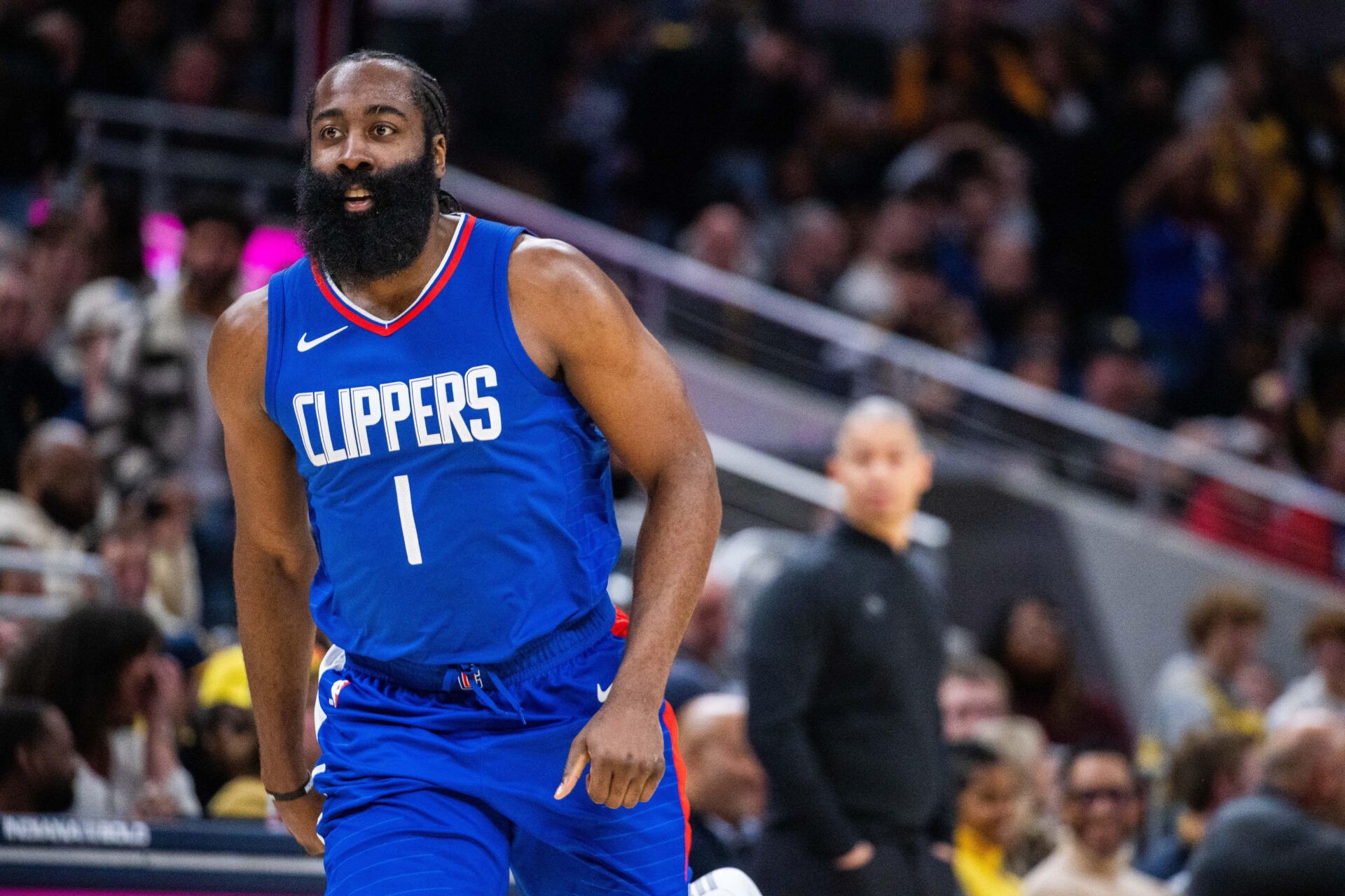 LA Clippers guard James Harden (1) celebrates a basket in the second half against the Indiana Pacers at Gainbridge Fieldhouse.