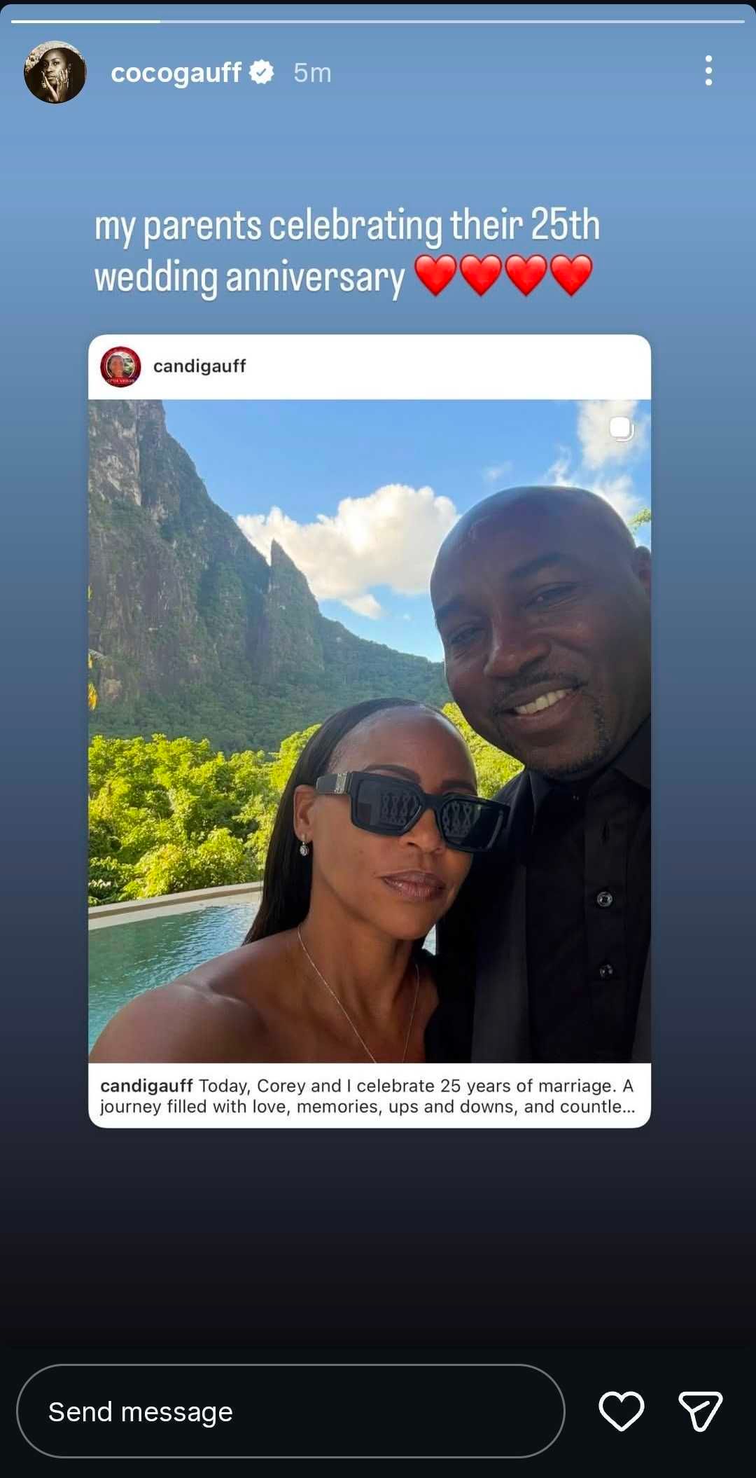 Coco Gauff's Instagram story celebrating her parent's marriage anniversary