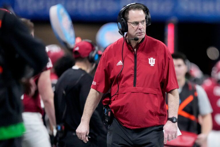 Indiana Hoosiers head coach Curt Cignetti walks the sideline Friday, Jan. 9, 2026, during the Peach Bowl and semifinal game of the College Football Playoff against the Oregon Ducks at Mercedes-Benz Stadium in Atlanta.