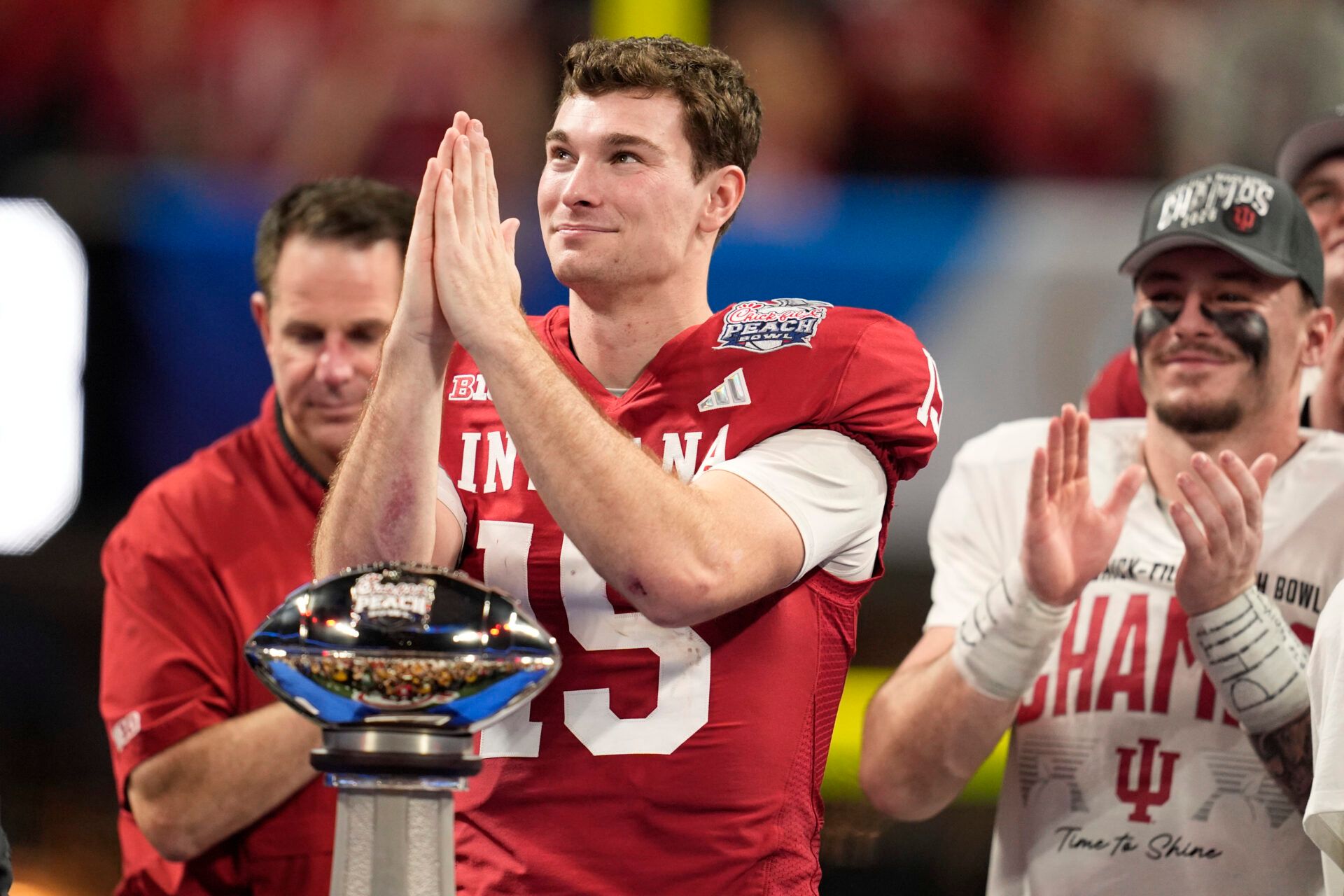 Indiana Hoosiers quarterback Fernando Mendoza (15) reacts after the 2025 Peach Bowl and semifinal game of the College Football Playoff at Mercedes-Benz Stadium.