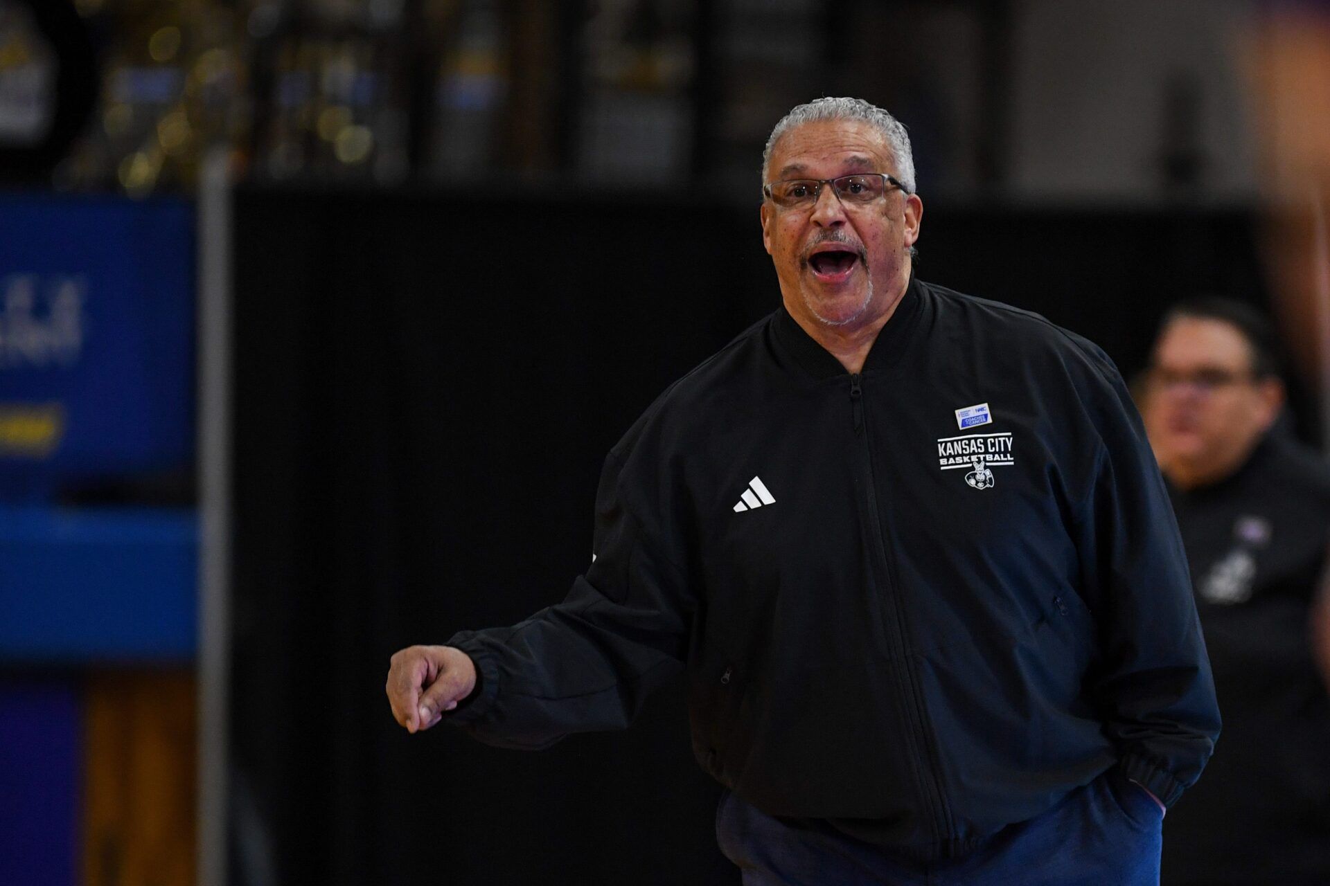 Kansas City’s head coach Marvin Menzies shouts at the referee on Saturday, Jan. 20, 2024 at Frost Arena in Brookings.