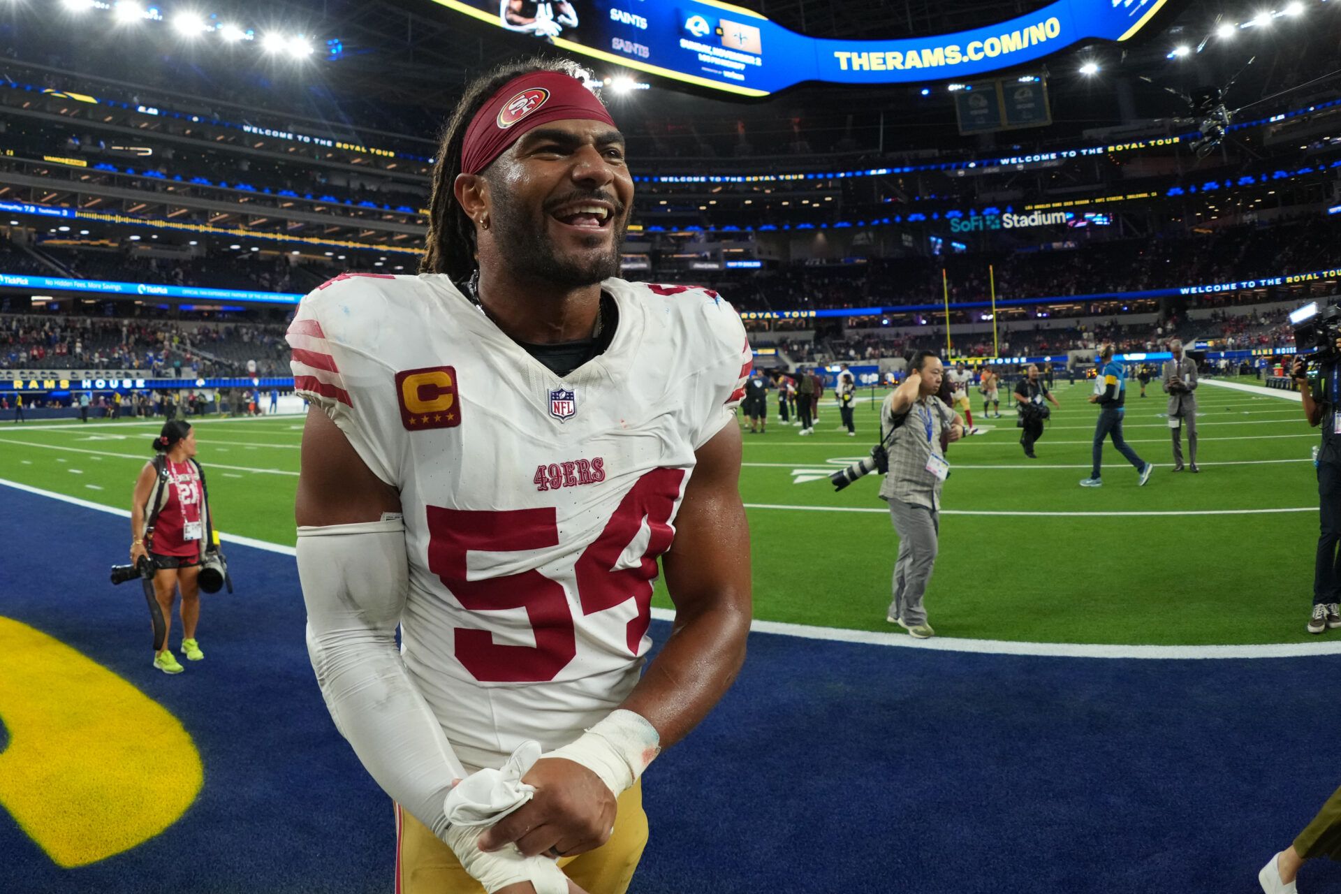San Francisco 49ers middle linebacker Fred Warner (54) reacts after the game against the Los Angeles Rams at SoFi Stadium.