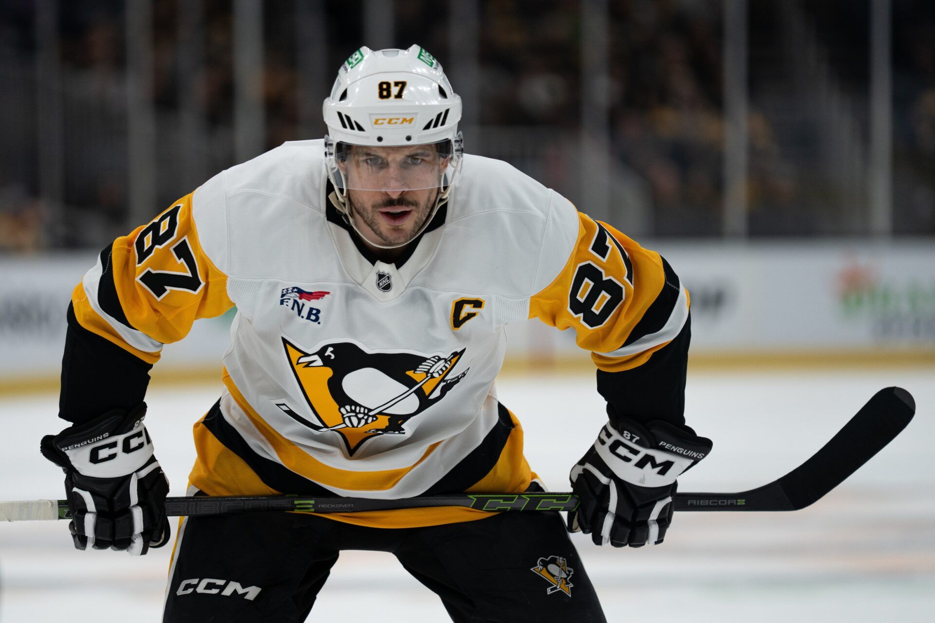 Pittsburgh Penguins center Sidney Crosby (87) prepares for a face-off during the second period of the game against the Boston Bruins at TD Garden.