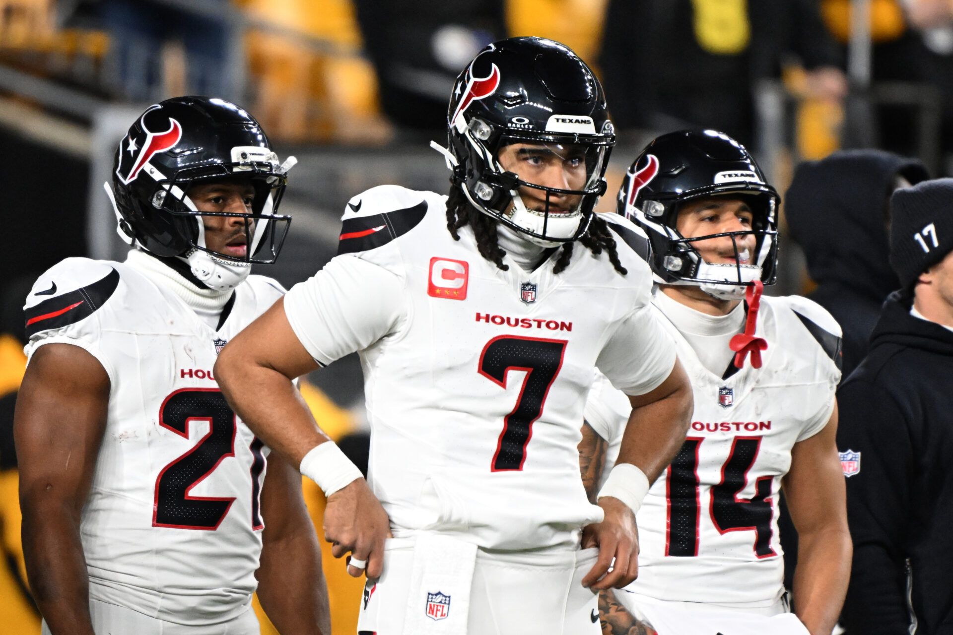Houston Texans quarterback C.J. Stroud (7) warms up before an AFC Wild Card Round game against the Pittsburgh Steelers at Acrisure Stadium.