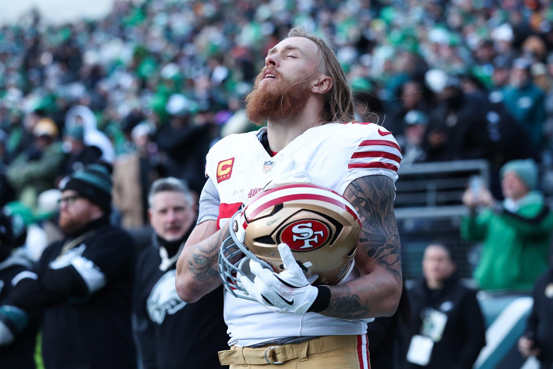 San Francisco 49ers tight end George Kittle before action against the Philadelphia Eagles in an NFC Wild Card Round game at Lincoln Financial Field.