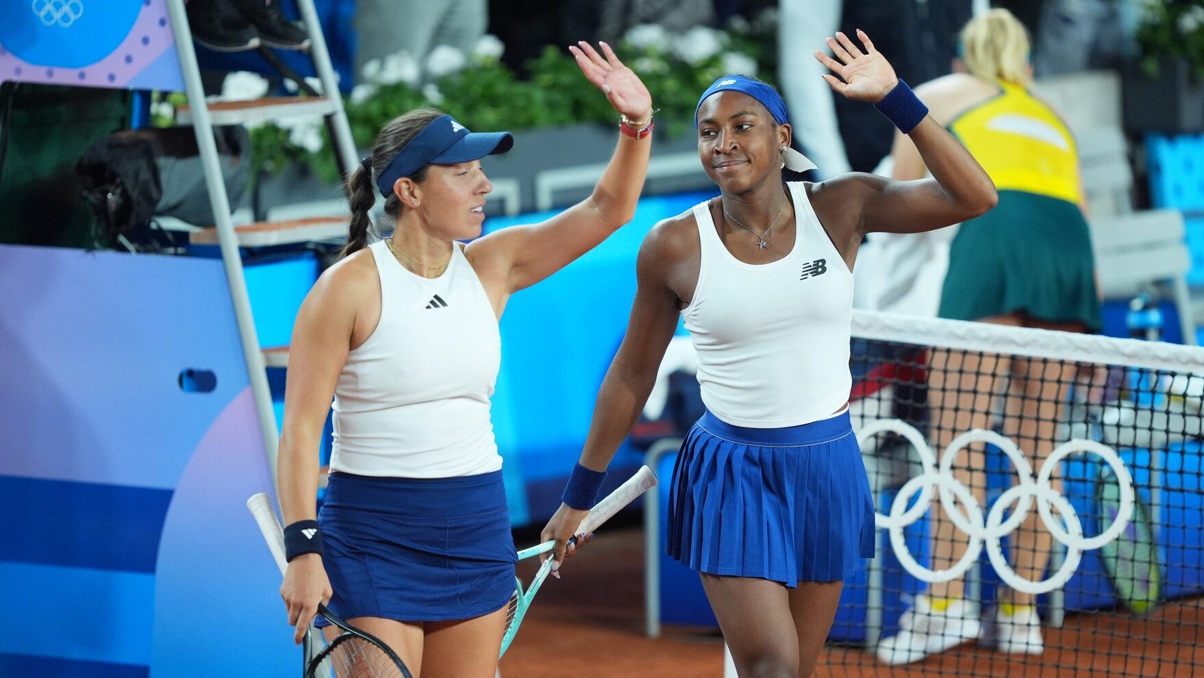 Coco Gauff (USA) and Jessica Pegula (USA) defeats Ellen Perez and Daria Saville (AUS) during a women's tennis doubles match during the Paris 2024 Olympic Summer Games at Stade Roland Garros.