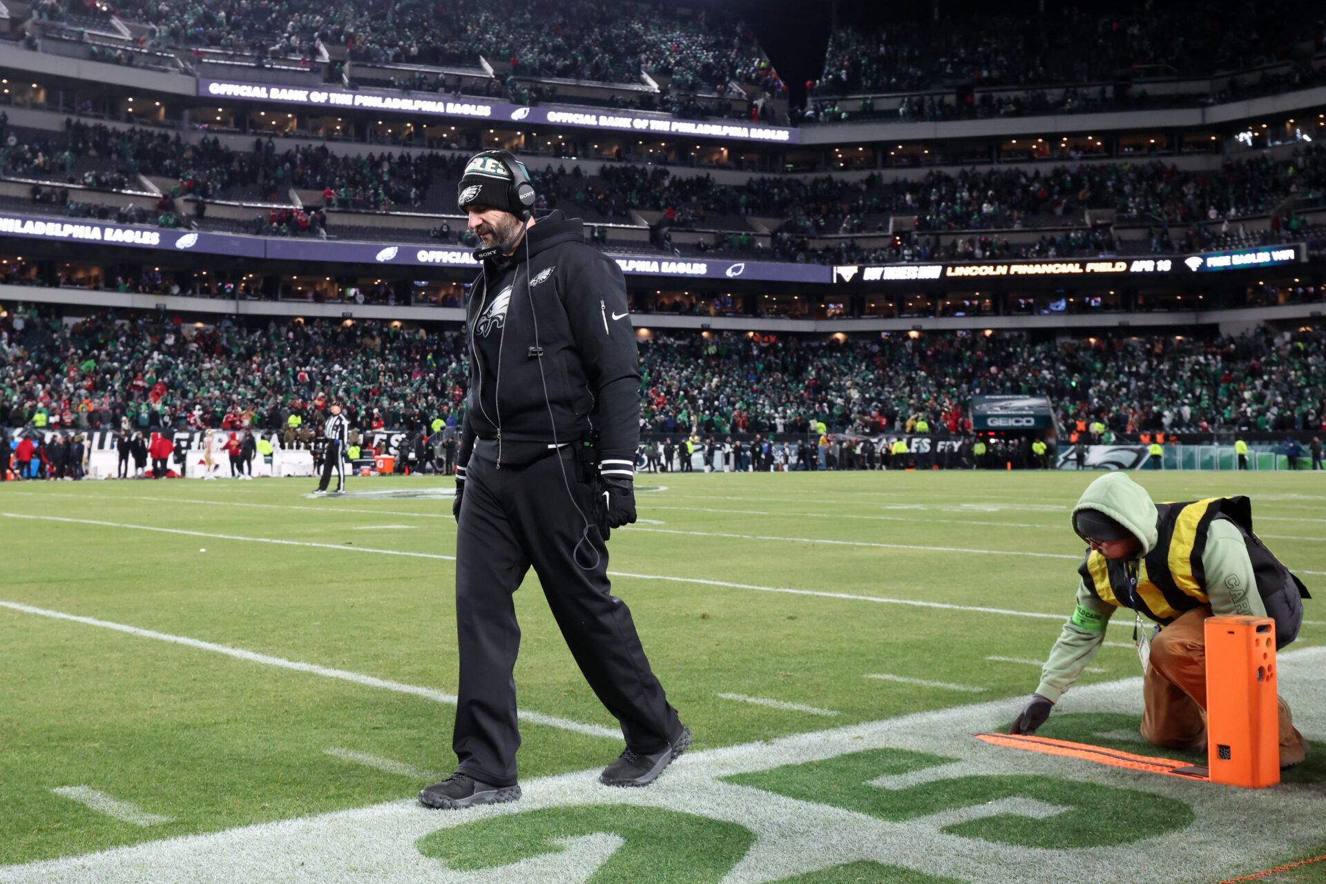 Philadelphia Eagles head coach Nick Sirianni looks on during the fourth quarter against the San Francisco 49ers in an NFC Wild Card Round game at Lincoln Financial Field.