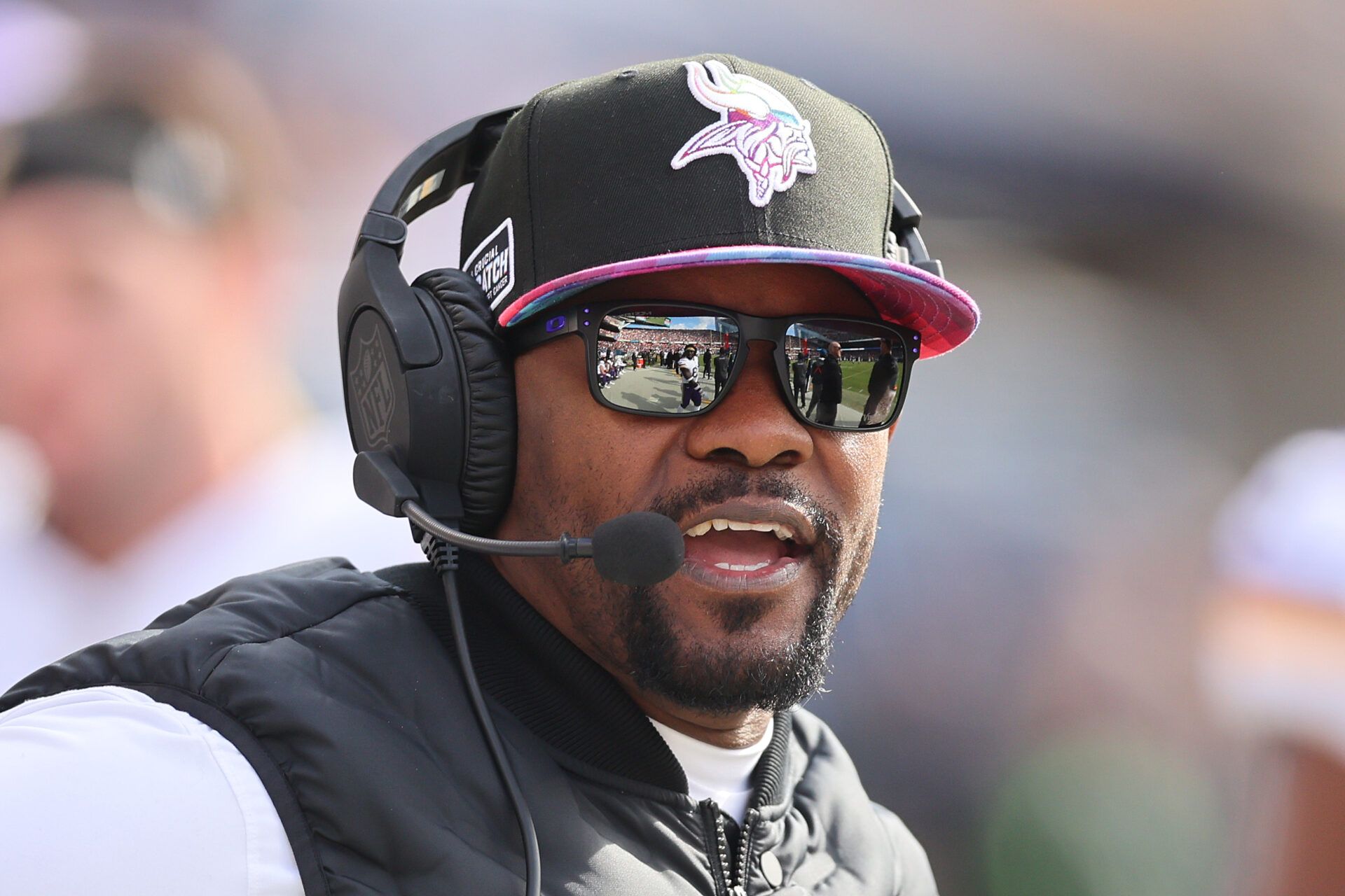CHICAGO, ILLINOIS - OCTOBER 15: Defensive coordinator Brian Flores of the Minnesota Vikings reacts against the Chicago Bears during the fourth quarter at Soldier Field on October 15, 2023 in Chicago, Illinois. (Photo by Michael Reaves/Getty Images)