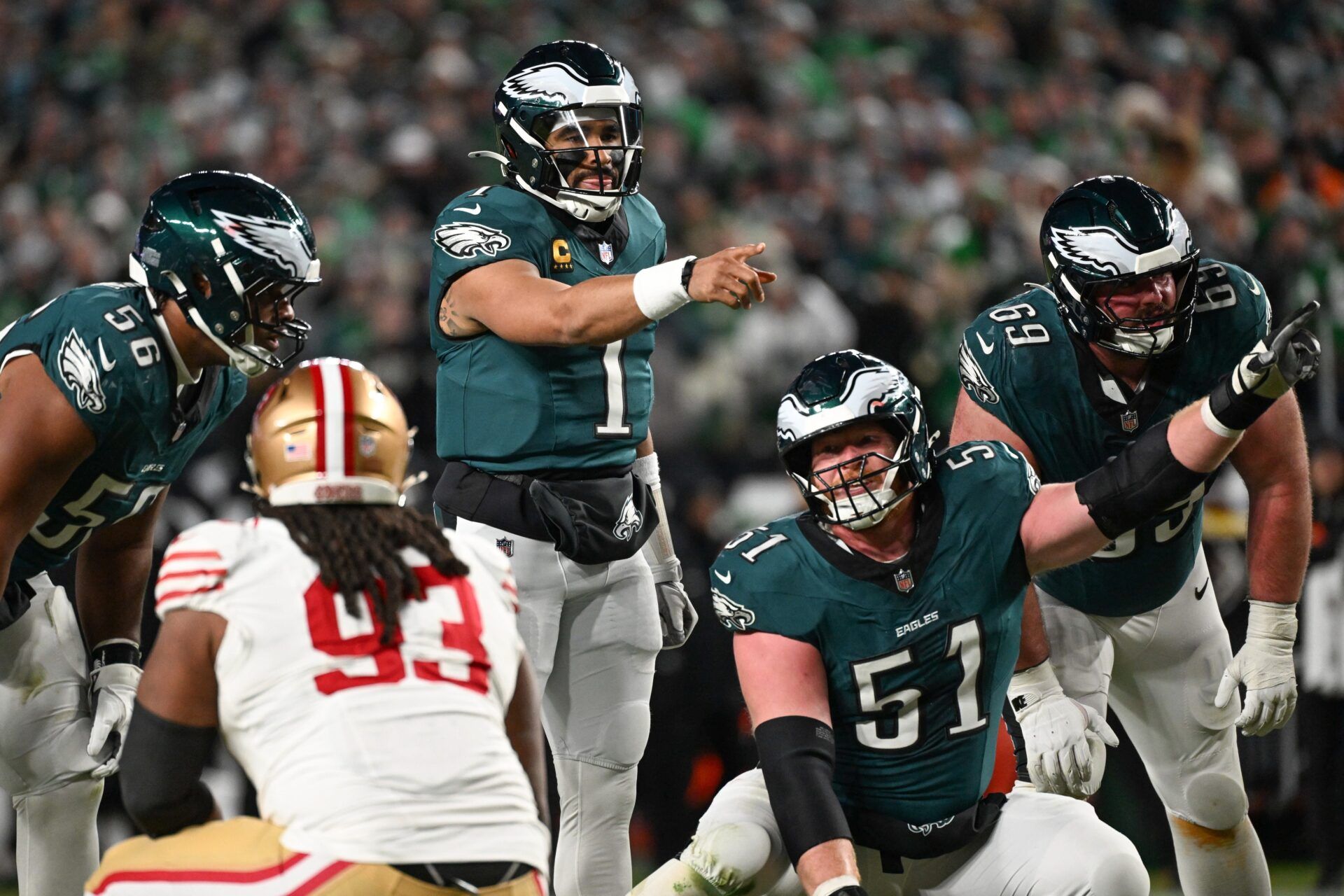 Philadelphia Eagles quarterback Jalen Hurts (1) calls a play at the line of scrimmage against the San Francisco 49ers during the second quarter in an NFC Wild Card Round game at Lincoln Financial Field.