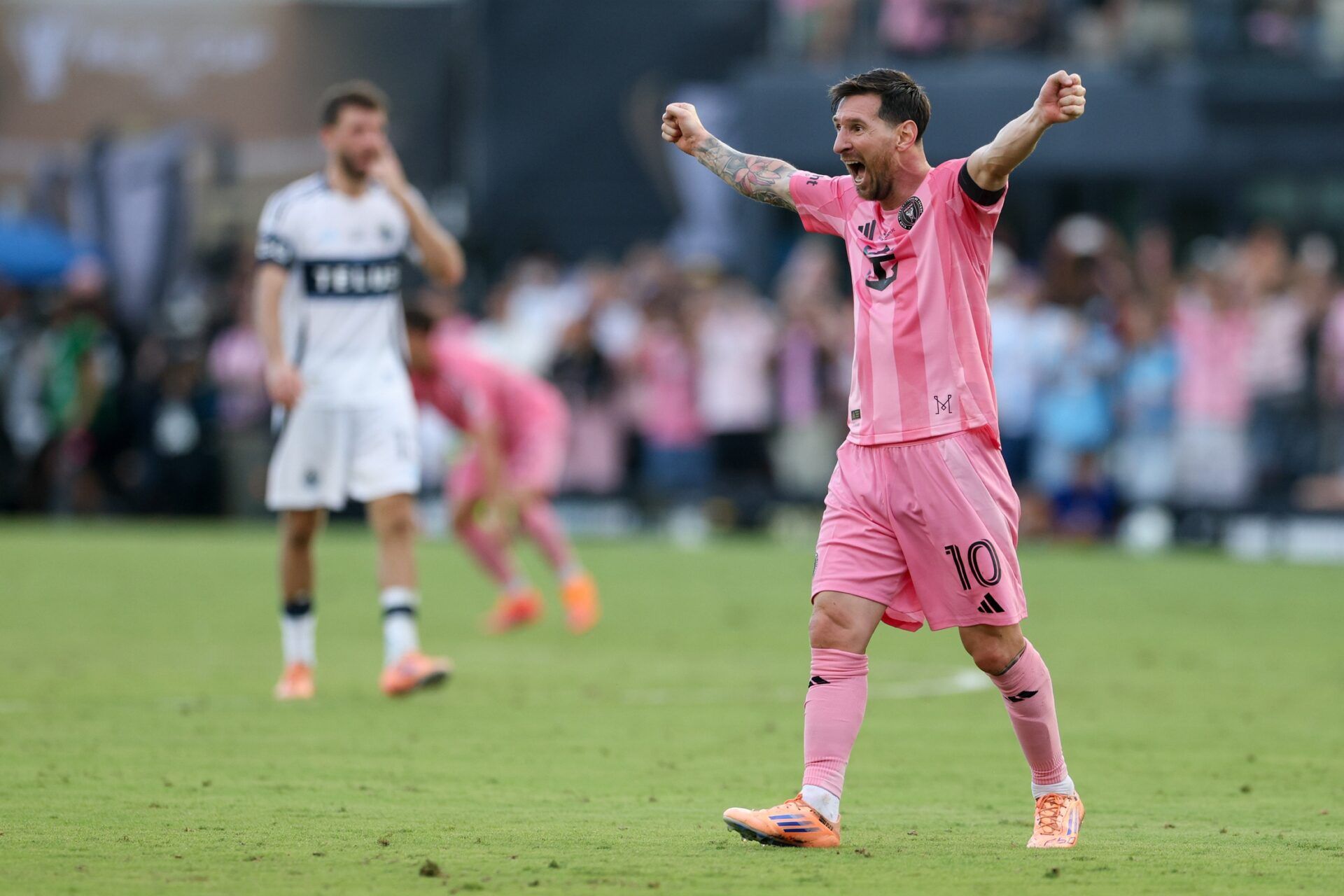 Inter Miami forward Lionel Messi (10) celebrates after winning the 2025 MLS Cup against the Vancouver Whitecaps FC at Chase Stadium.